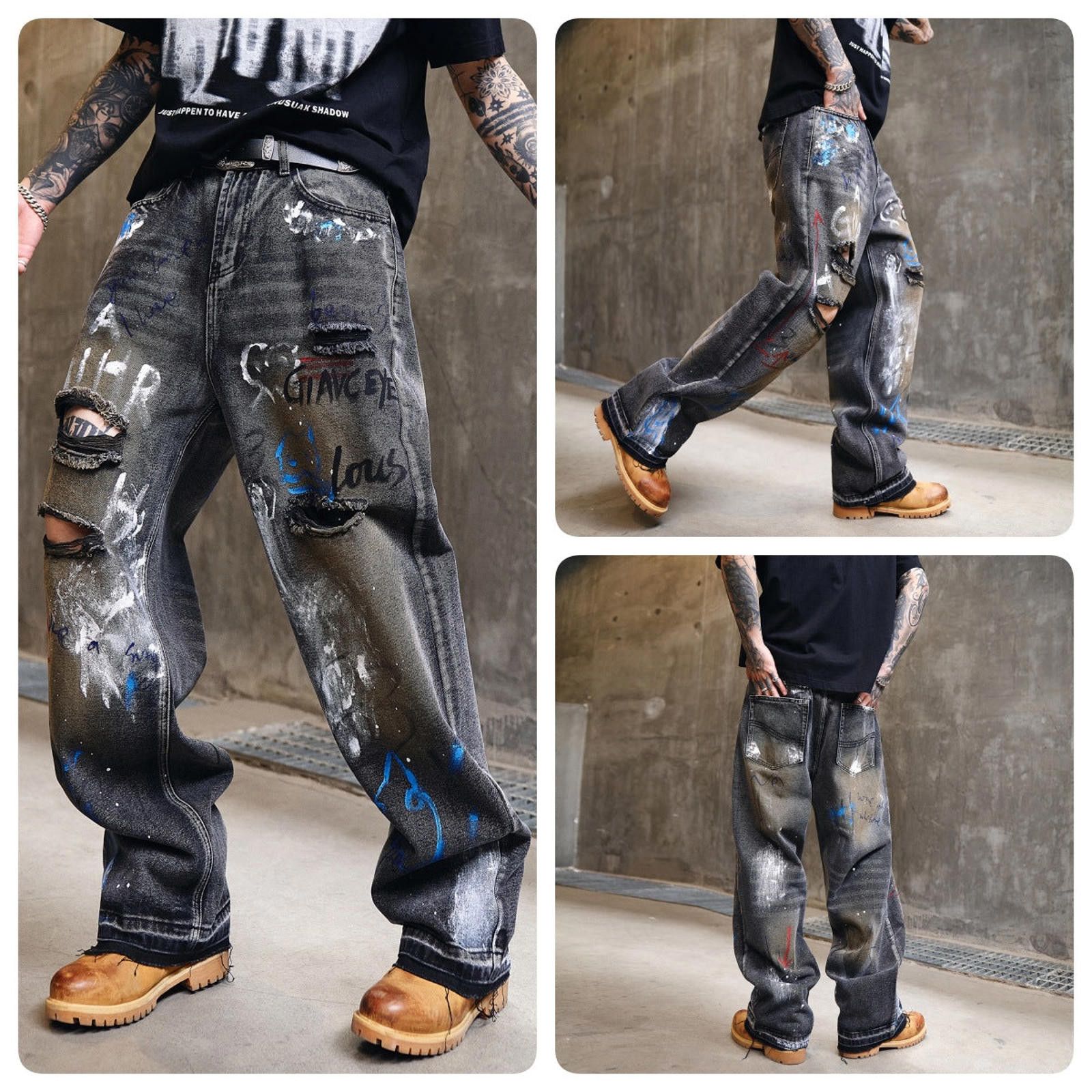 Japanese Brand Light Blue Graffiti Distressed Baggy Jeans, Loose Fit Denim Size US 30 / EU 46 - 6 Thumbnail