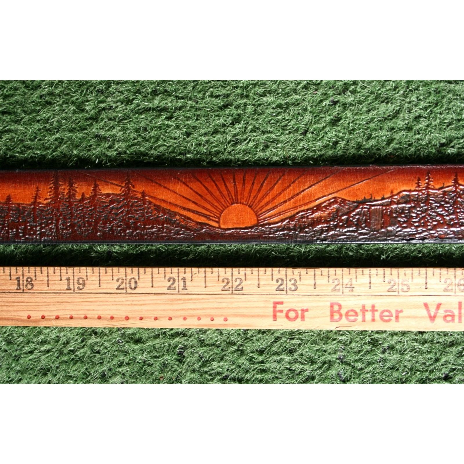 Vintage VINTAGE Leegin Eagle Leather Works British Tan Embossed Belt Sz. 28 (No Buckle) Men Leather Western Belt Size 28 British Tan Size 28 - 5 Thumbnail