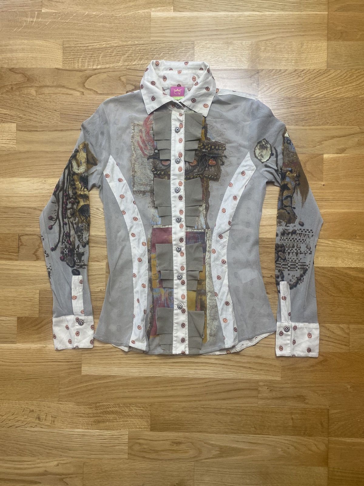 Jean Paul Gaultier Save The Queen Art Print Mesh Panel Blouse M Embroidered Size M / US 6-8 / IT 42-44 - 1 Thumbnail