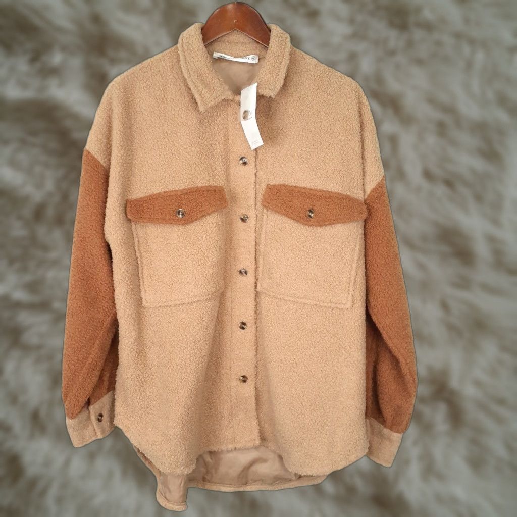 Vintage 12th Tribe Shacket Womens L Oversized Brown Long Sleeve Fleece Button Up Satin Lined Polyester Size L / US 10 / IT 46 - 1 Thumbnail