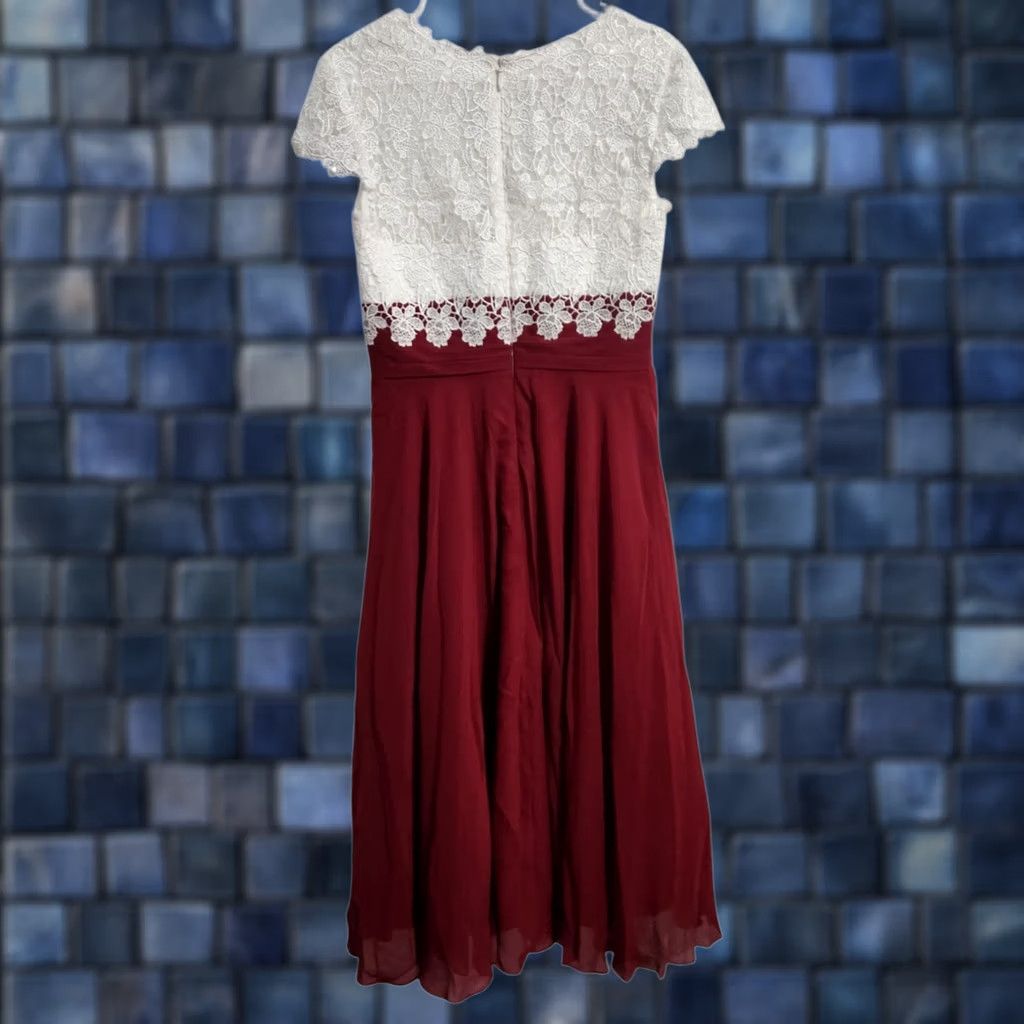 Vintage JJs House Womens 10 Floral Lace Dress Cap Sleeve V-Neck Burgundy White Beaded Dress Size L / US 10 / IT 46 - 1 Thumbnail