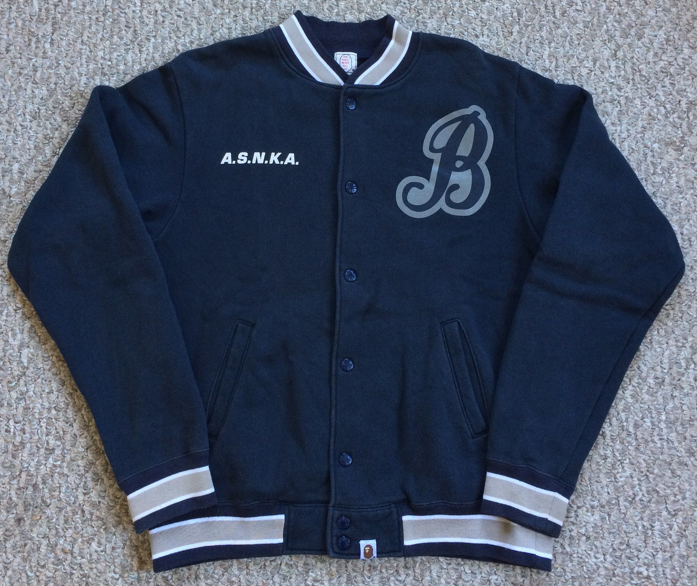 image of F/w 2002 Bape Asnka Varsity Jacket in Navy Blue, Men's (Size Small)