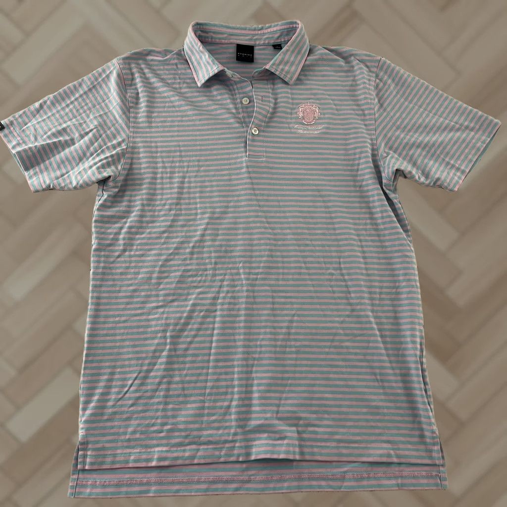 Vintage Dunning Striped Short Sleeve Polo Mens Large Blue Pink Shirt Size US L / EU 52-54 / 3 - 1 Thumbnail
