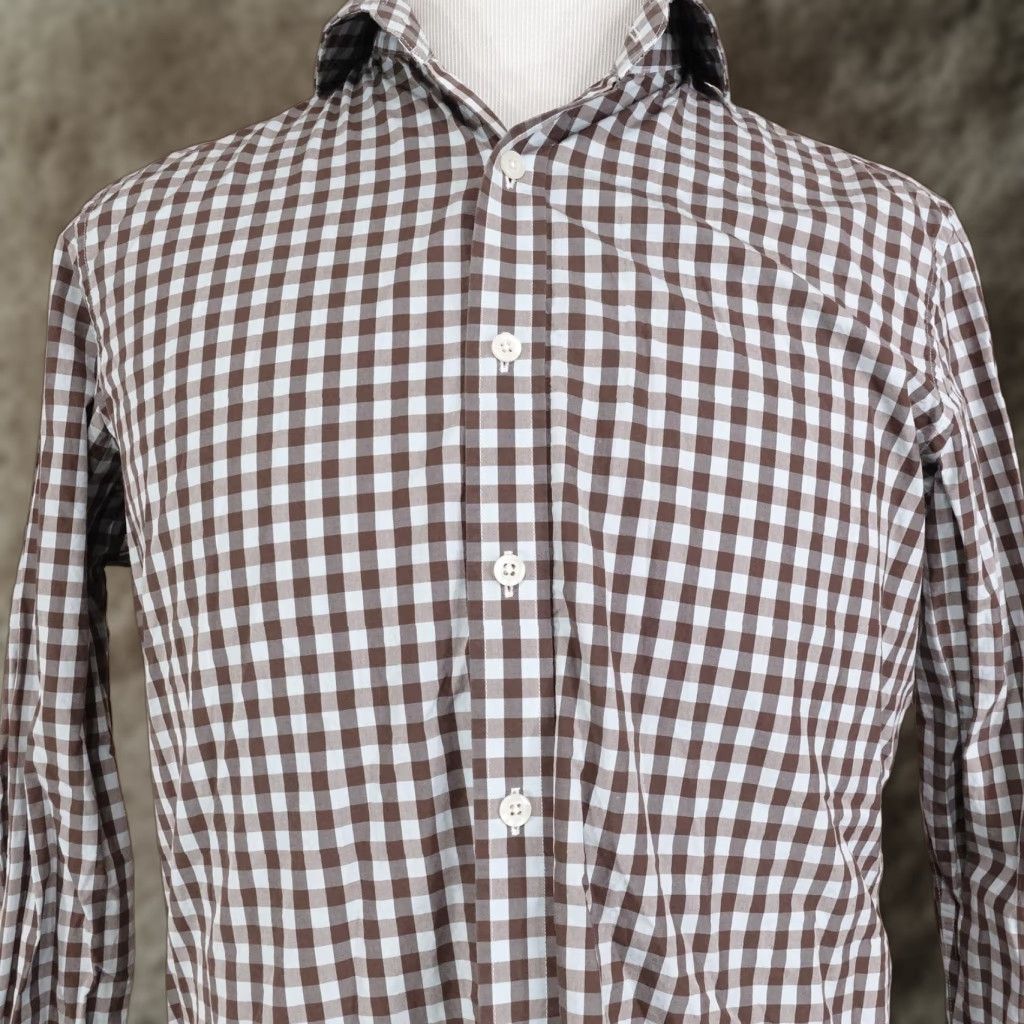Vintage Twillory Dress Shirt Mens 16 32/33 Brown Gingham Slim Fit Long Sleeve Tailored Size 42R - 1 Thumbnail