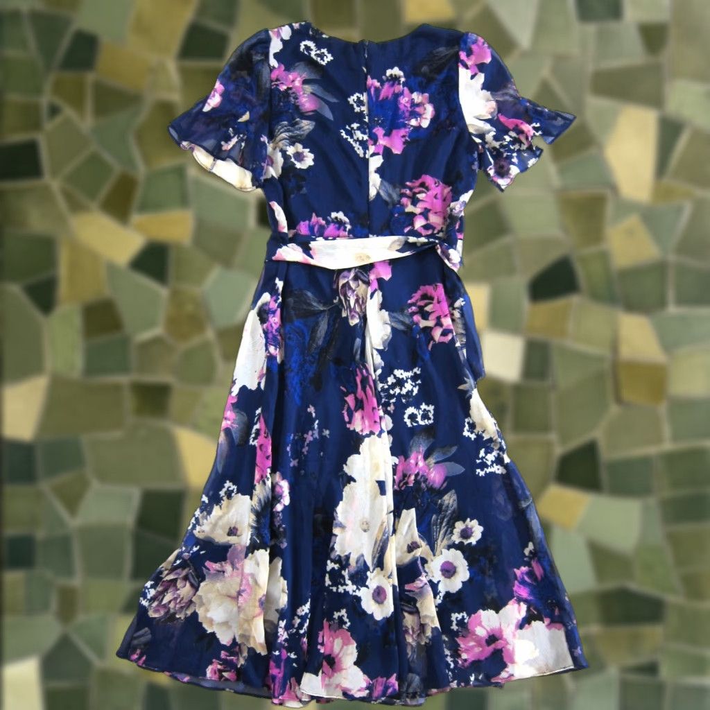 DKNY Dress Flowy Midi Short Sleeve Floral Women 4 Blue White Pink NWT