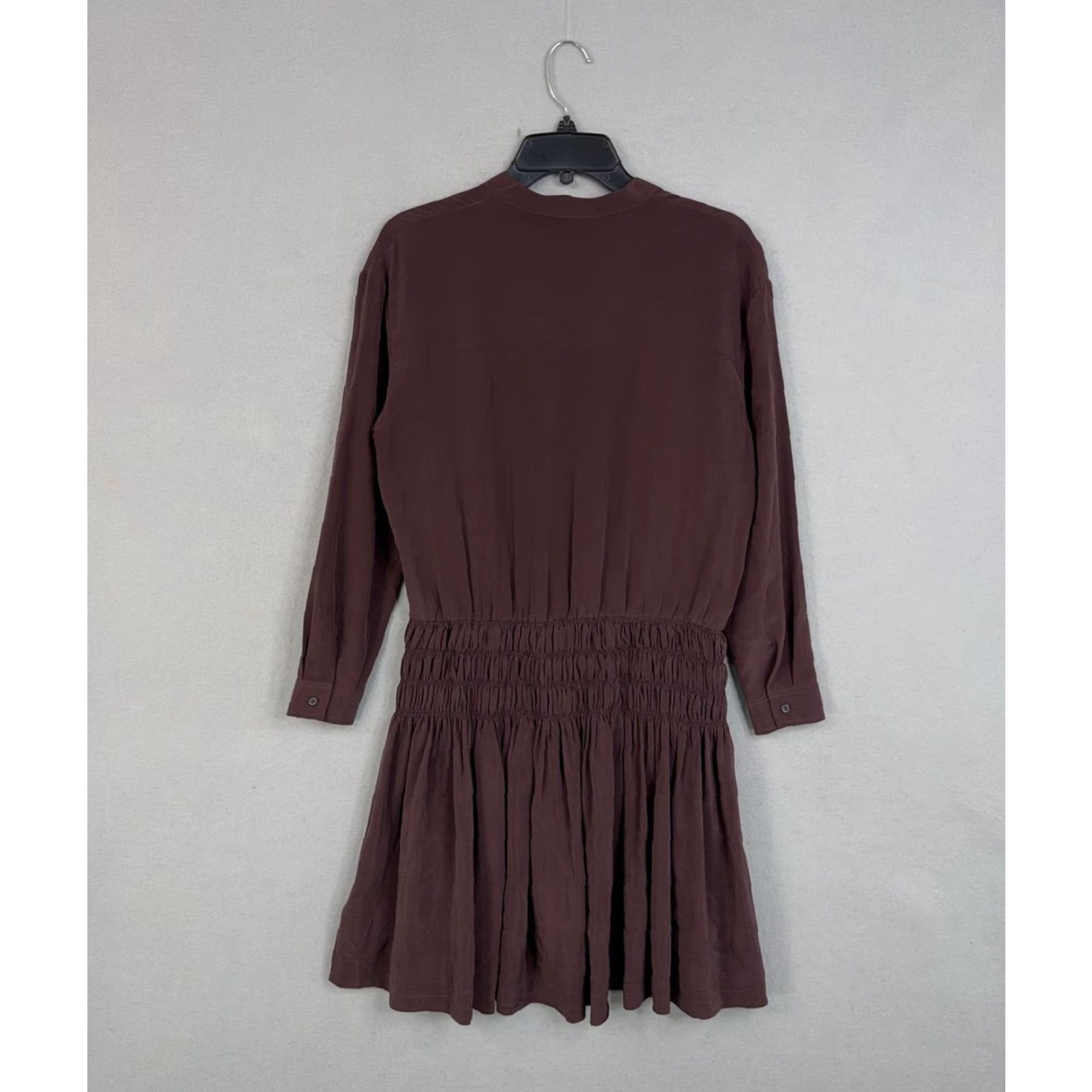 Allsaints AllSaints Dress Shirt Womens 4 Red Burgundy Silk Smocked Mini Button Front Collared Long Sleeve Casual Party/Cocktail Size S / US 4 / IT 40 - 6 Thumbnail