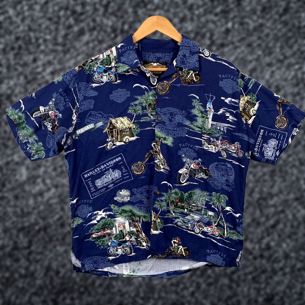 Harley Davidson VINTAGE Harley-Davidson Button-Up Shirt Mens M Blue 90s Hawaiian Rayon Short Sleeve Size US M / EU 48-50 / 2 - 1 Thumbnail