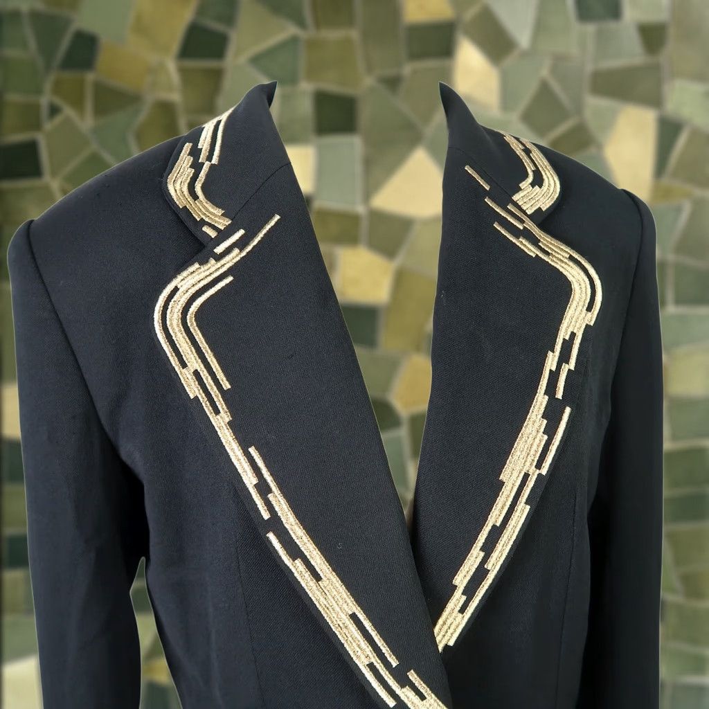Vintage VINTAGE Suzelle Blazer Crop Jacket Black Gold Trim 90s Women's 4 Long Sleeve Button Short Satin/Acetate Glitter 80s 90s - Mens Womens Girls Boys Size S / US 4 / IT 40 - 1 Thumbnail