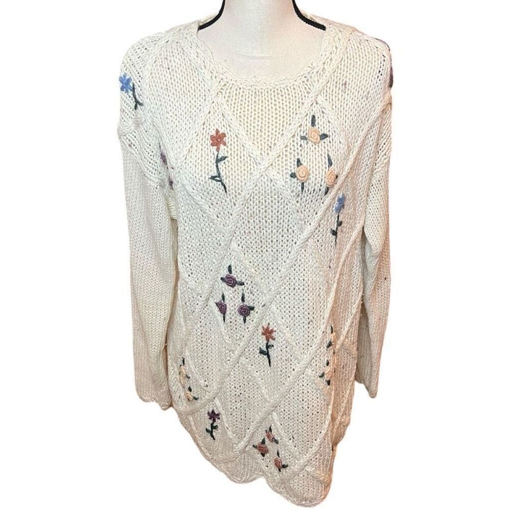 Vintage Vtg 90s Needles & Yarn Cozy Floral Embroidered Sweater Sz S Size S / US 4 / IT 40 - 2 Thumbnail