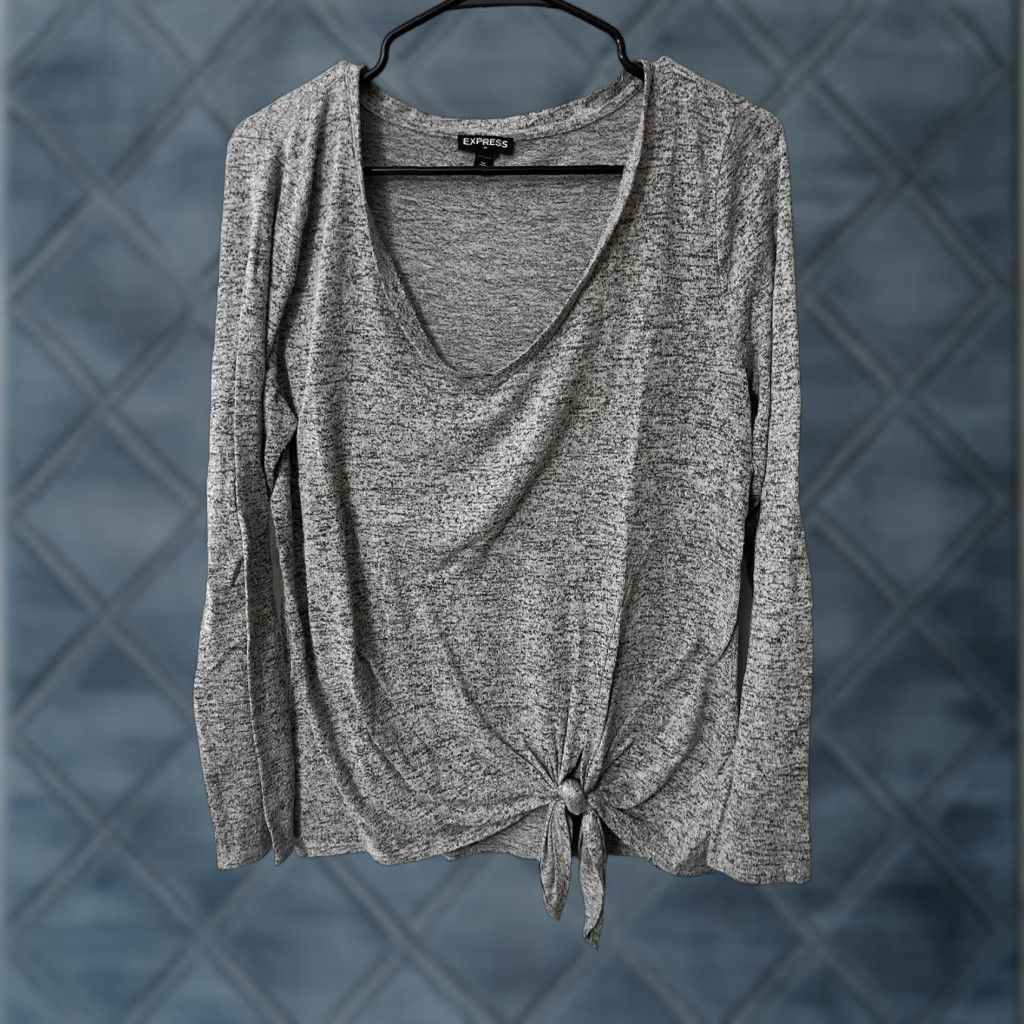 Express Express Shirt Women Medium Gray V-Neck Long Sleeve Tie Front Size M / US 6-8 / IT 42-44 - 1 Thumbnail