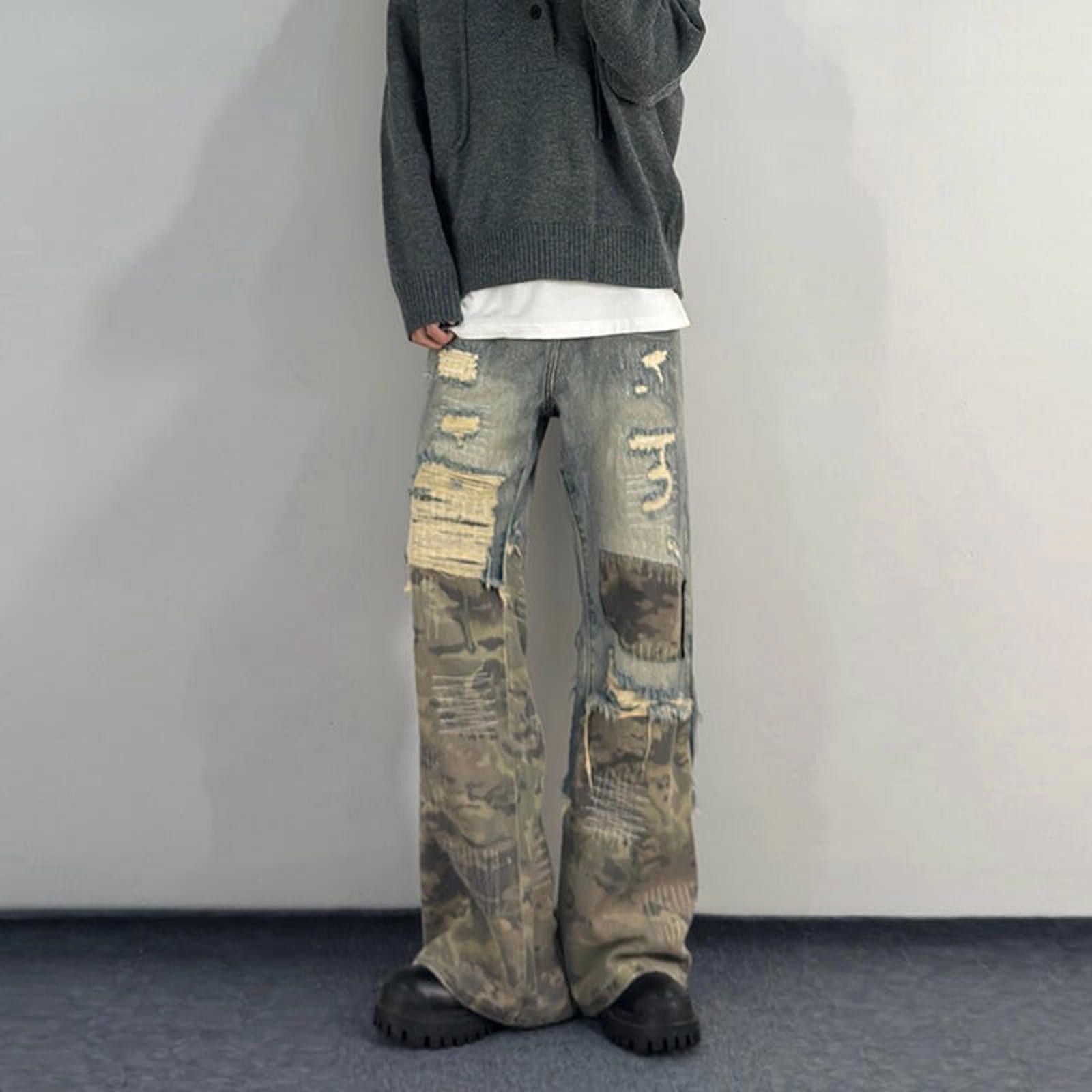 Vintage Distressed Camo Patchwork Flared Straight Leg Jeans Size US 32 / EU 48 - 3 Thumbnail