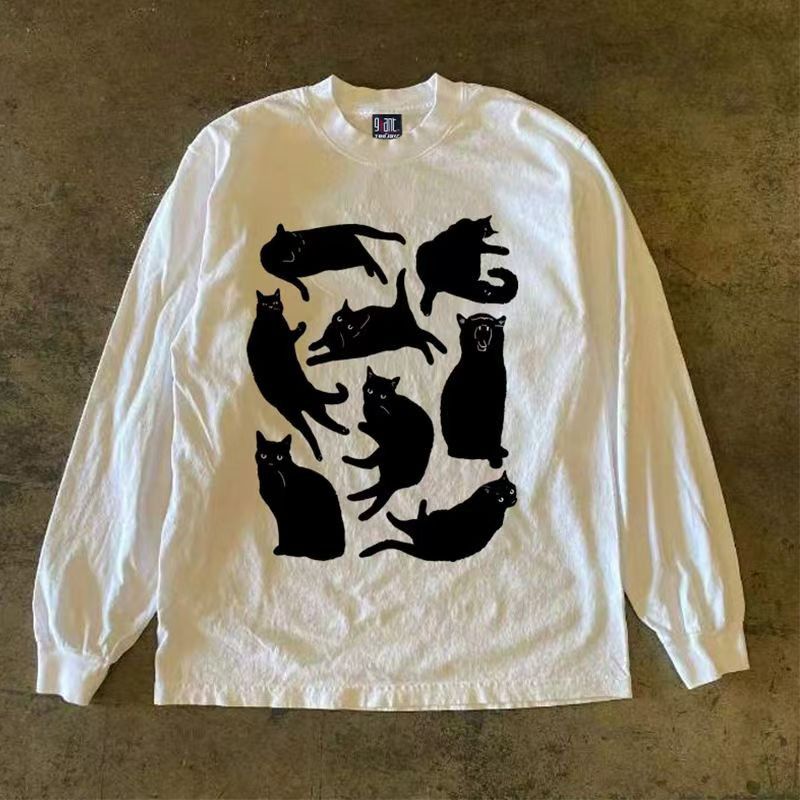 Japanese Brand White washed vintage black cat print long-sleeved t-shirt Size US M / EU 48-50 / 2 - 1 Thumbnail