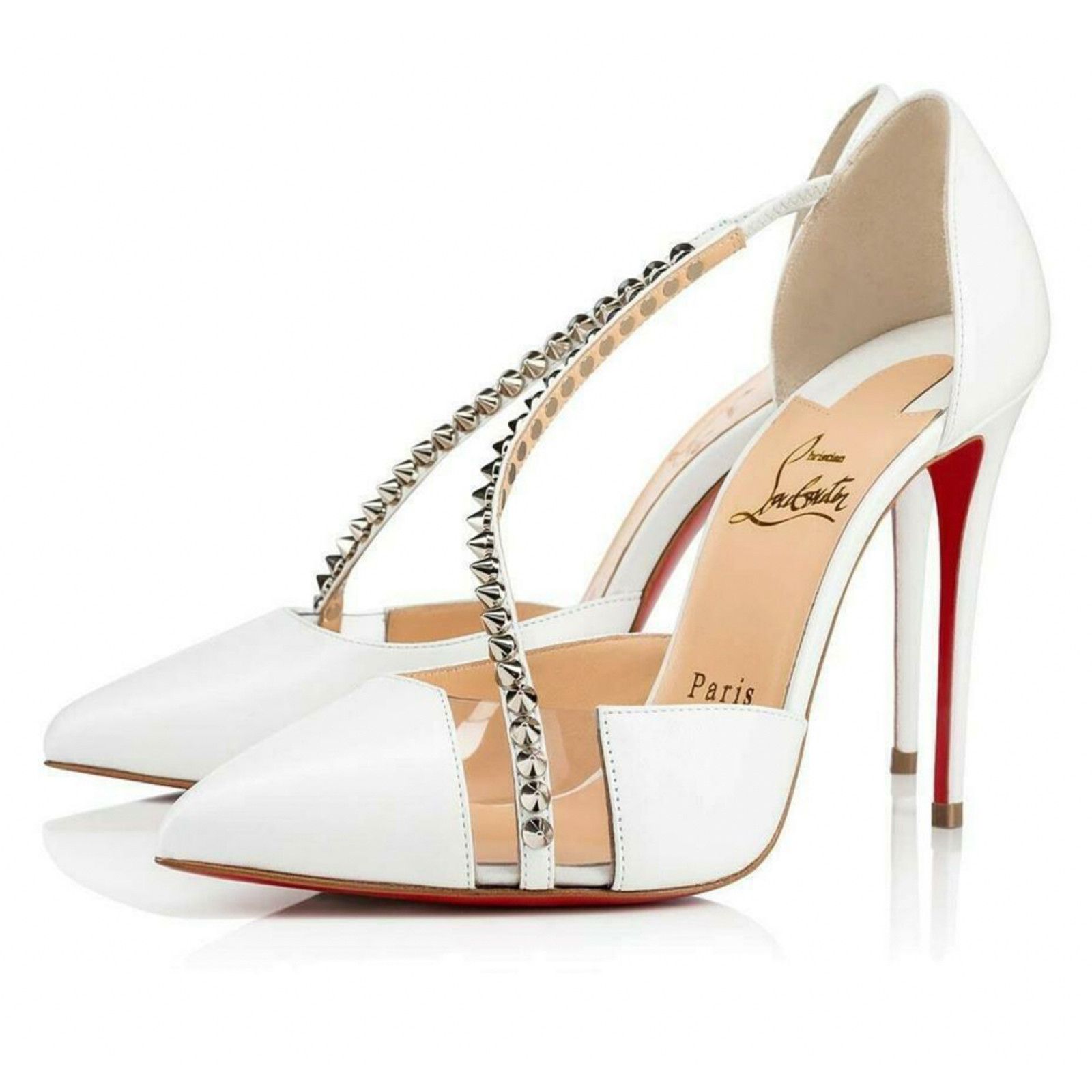 Christian Louboutin Spike Cross 100 White PVC Silver Criss Strap Heel Pump 42 Size US 12 / IT 42 - 1 Thumbnail