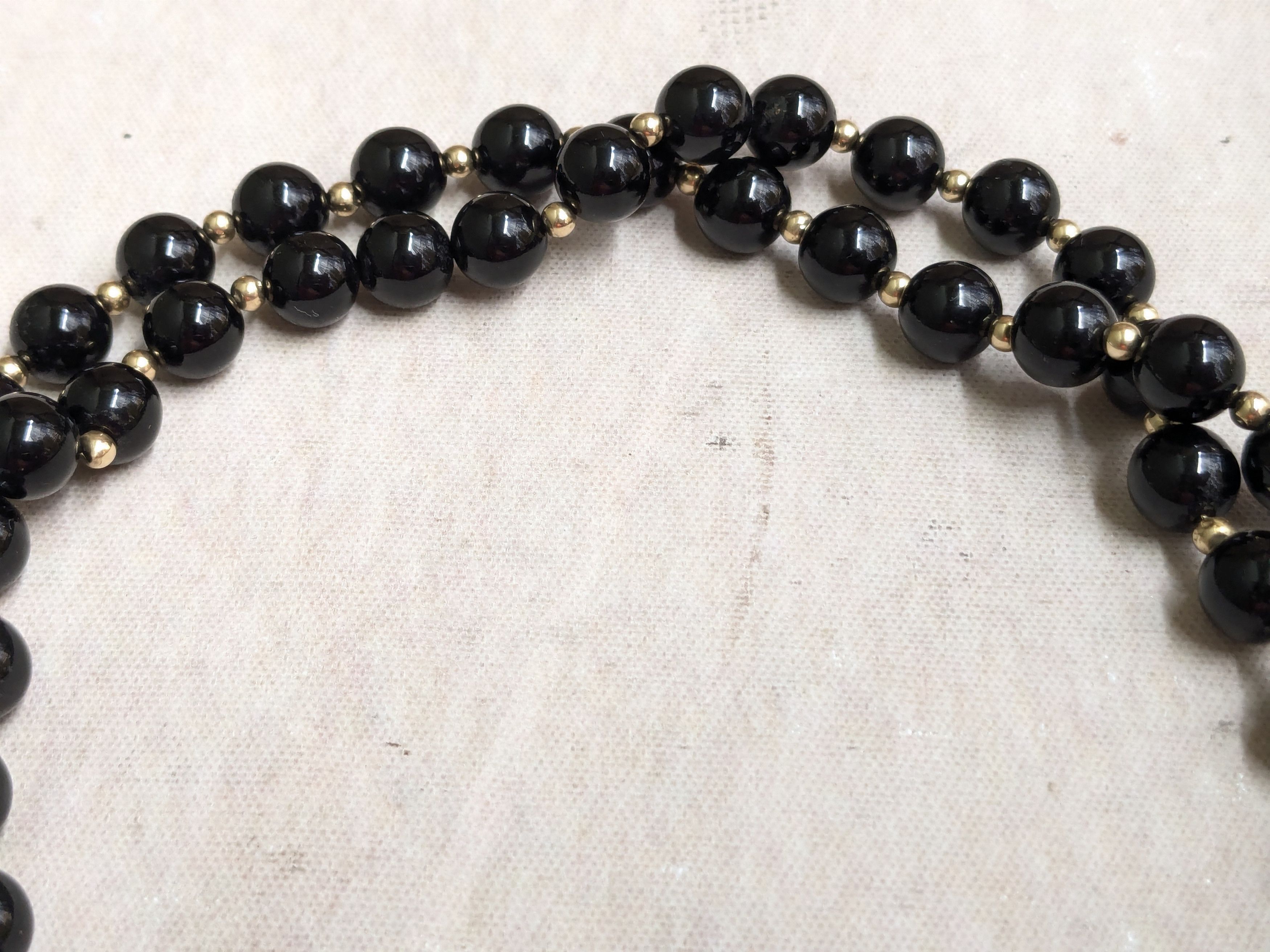Vintage Black onyx 13k gold necklace 30" Beads Round Sphere Size ONE SIZE - 2 Thumbnail