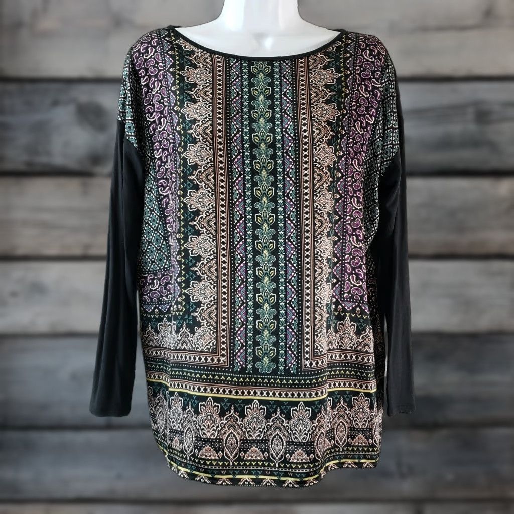 J. Jill J Jill Womens Paisley Printed Top Blouse Long Sleeve Rayon Boat Neck XS PXS Black Purple Womens Size XS / US 0-2 / IT 36-38 - 1 Thumbnail