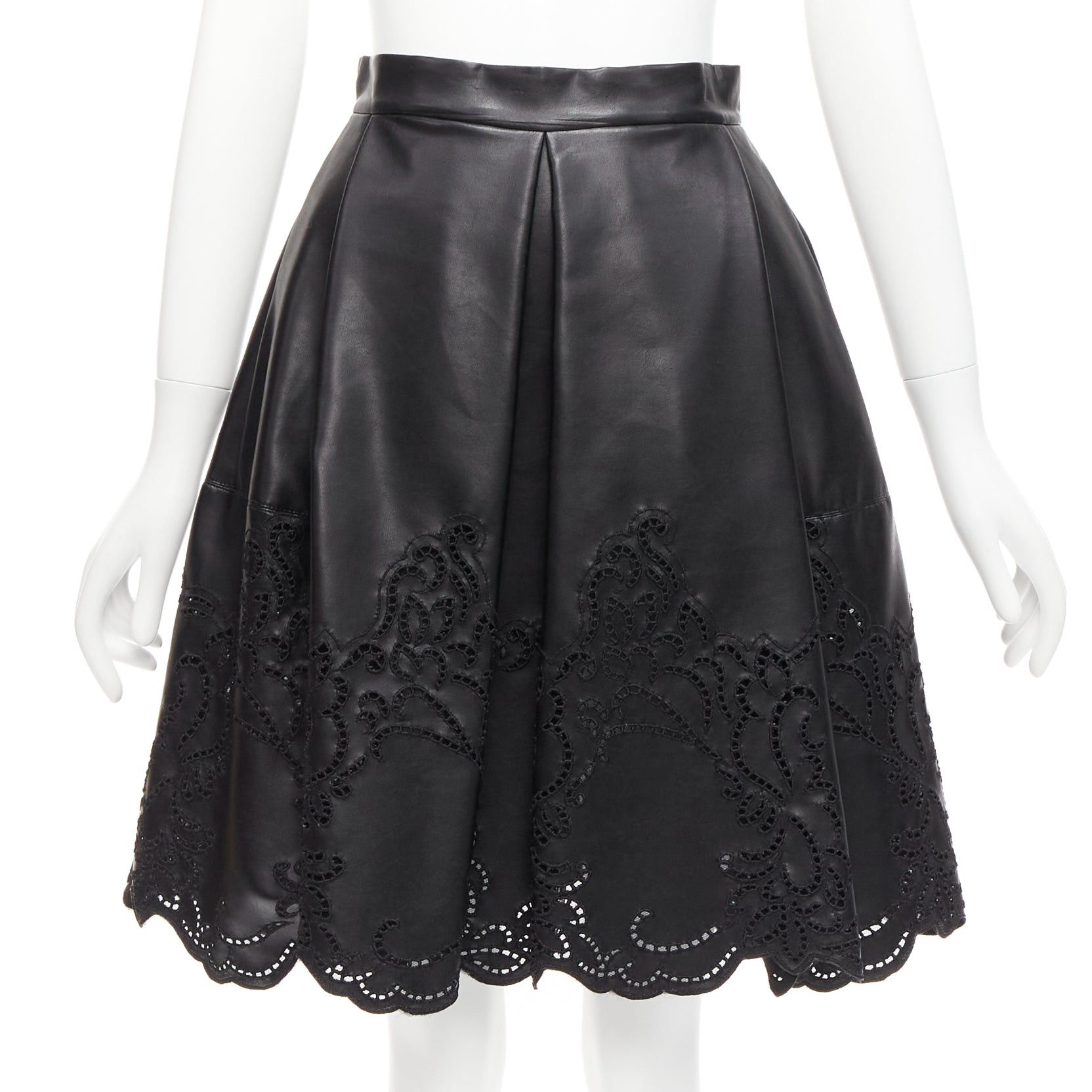 image of Ermanno Scervino Black Faux Leather Lattice Embroidery Scalloped Skirt It38 Xs, Women's (Size 26)