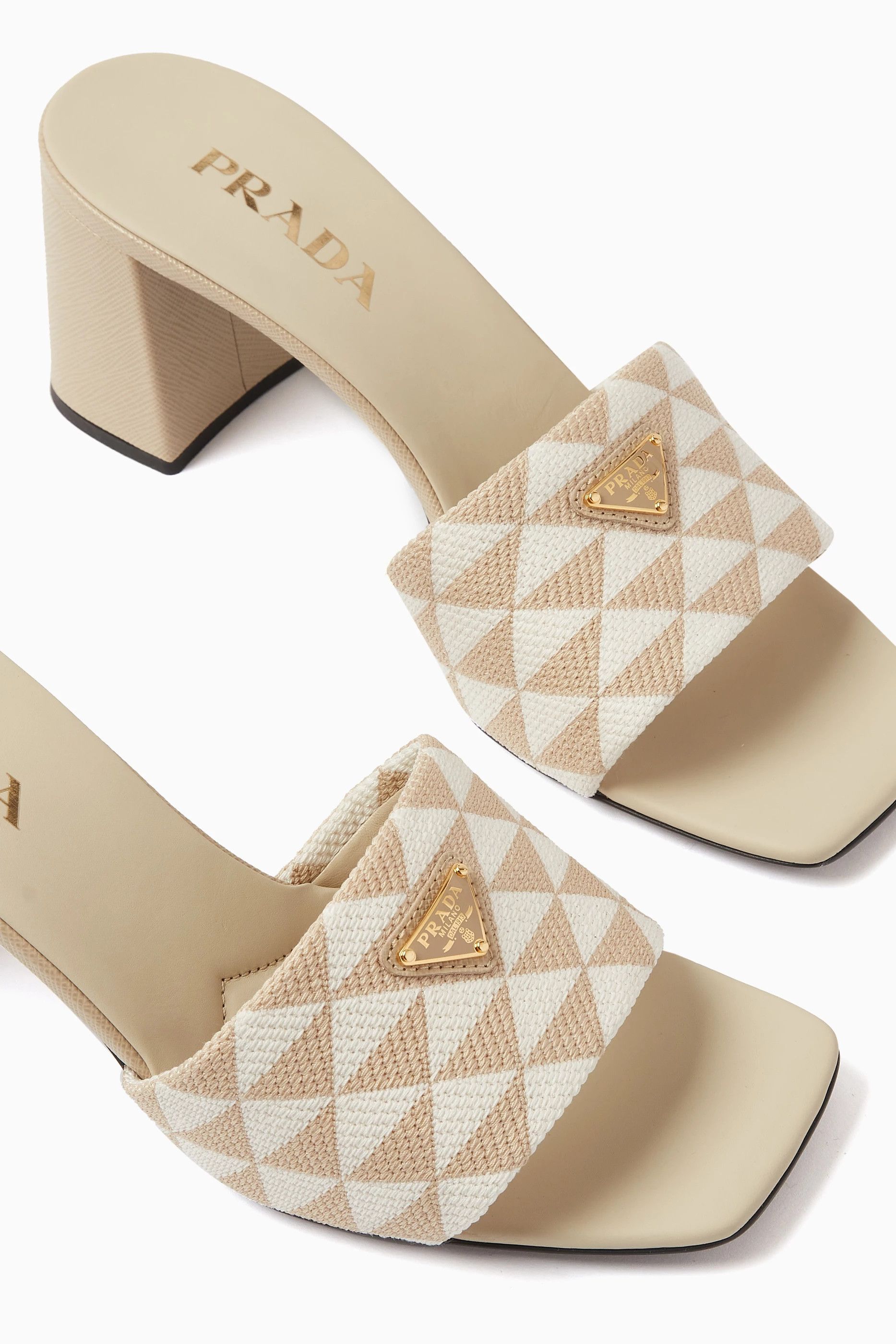 Prada o1B3y1r0526 Triangle Logo 65 Mule Sandals in Beige/White Size US 8 / IT 38 - 4 Thumbnail