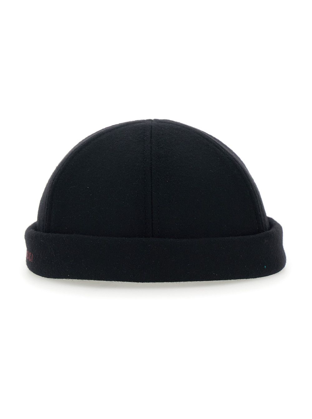 Black Beanie with Logo Lettering and Rear Closure with Web Detail in Wool Man