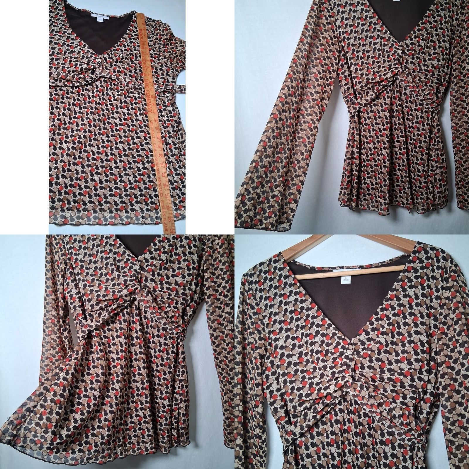 Vintage Dressbarn Blouse Large Brown Tan Rust Gold Metallic Sheer Long Slv Y2K 2000s Size L / US 10 / IT 46 - 8 Thumbnail