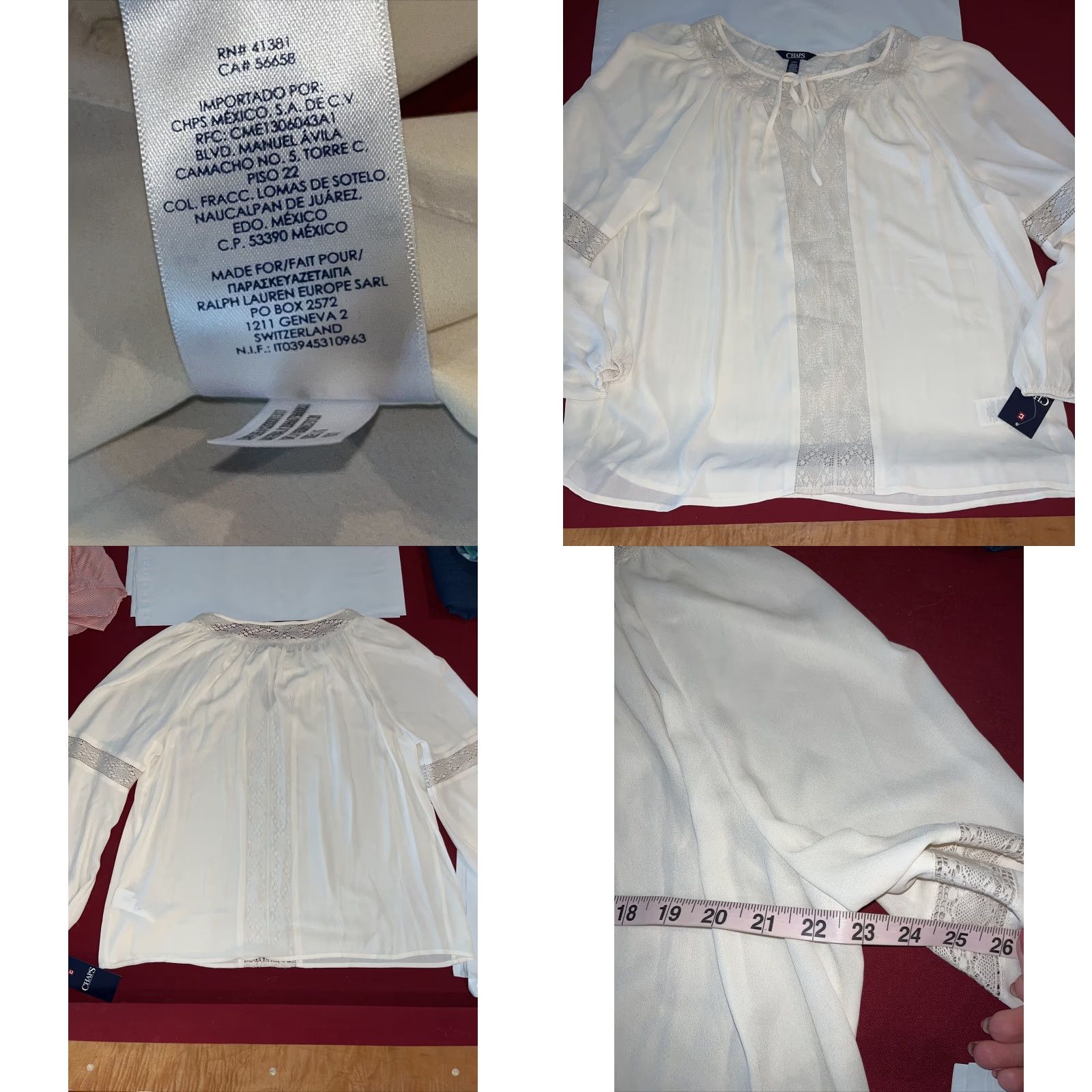 Chaps Chaps Blouse Women's Long Sleeve Keyhole Tie Neck Lace Accents Sheer Ivory Puff Sleeve Peasant Ribbon Tie V Neck Pull Over Top L Size L / US 10 / IT 46 - 8 Thumbnail