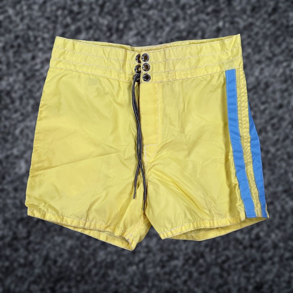 Vintage Birdwell Beach Britches Shorts Mens 26 Yellow Blue Board Surf Trunks USA Size US 27 - 1 Thumbnail