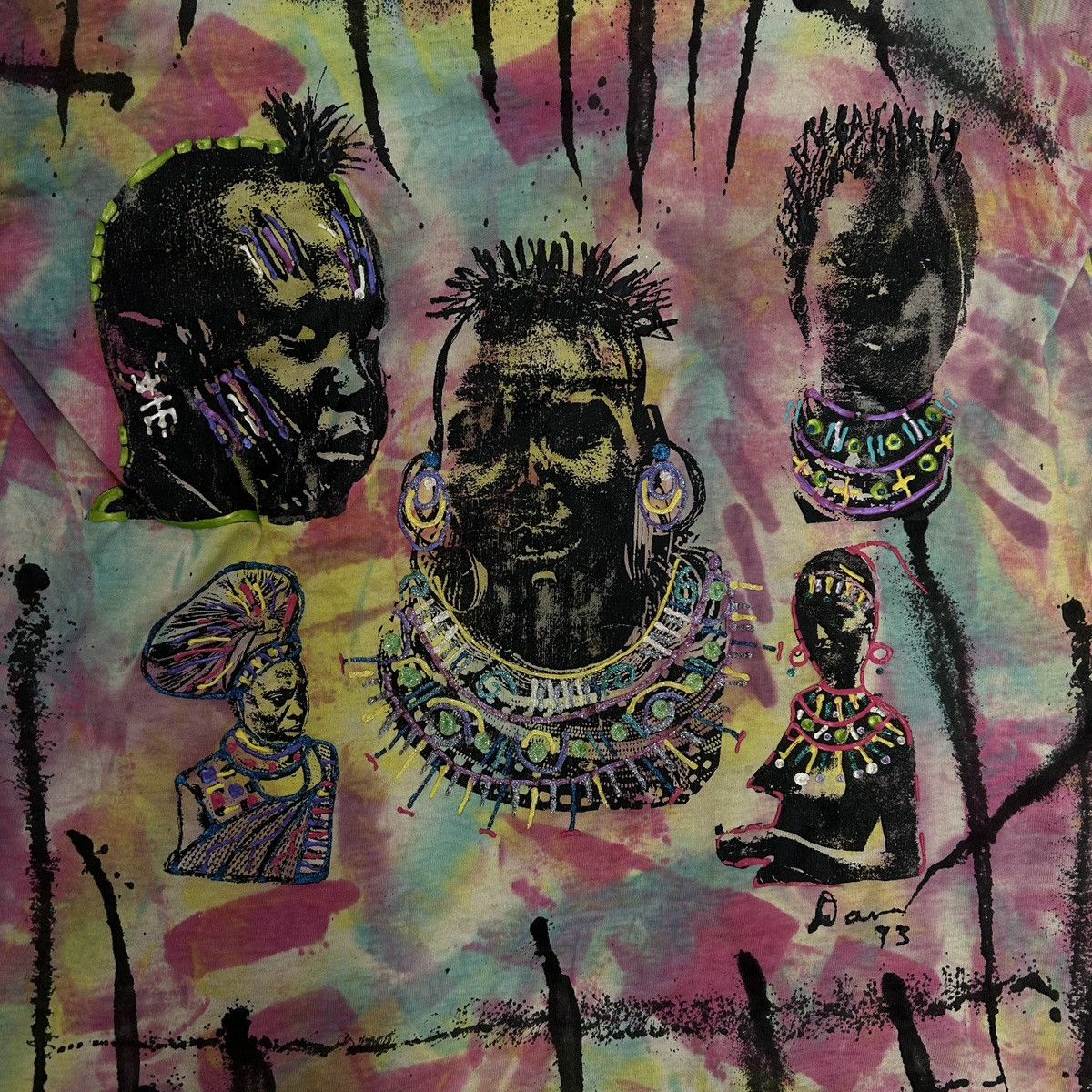 Vintage 1993 Hand-Painted African Tribal Art Tie-Dye Tee Size US XL / EU 56 / 4 - 4 Thumbnail