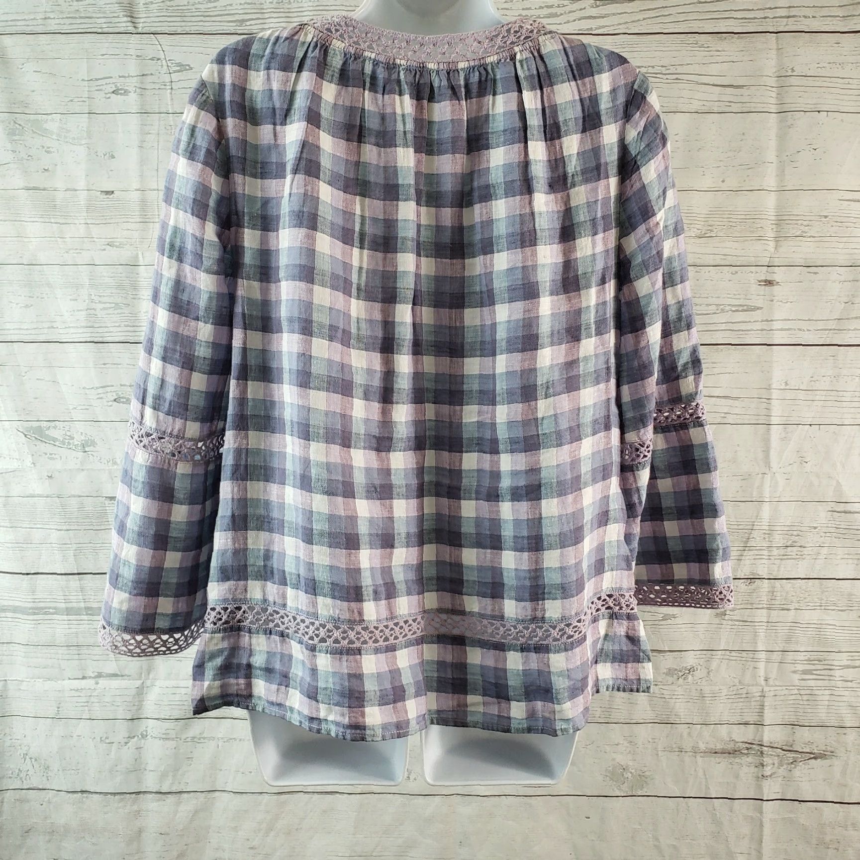 Vintage Chico's Womens Linen Top Sz Medium Purple Blue Checks Crochet Lace Shirt Womens 90s Vintage? Size M / US 6-8 / IT 42-44 - 4 Thumbnail