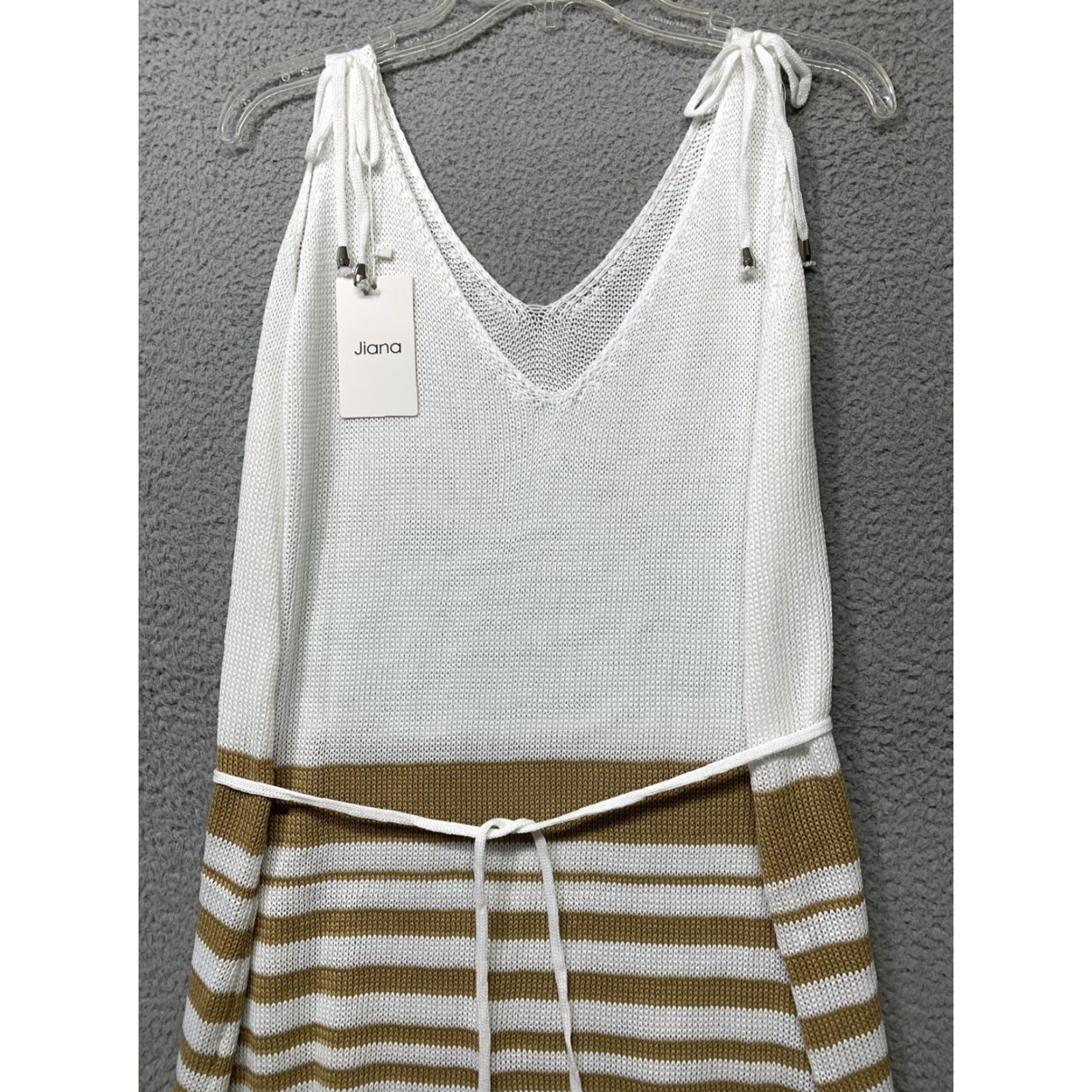 Vintage Kiana Tank Dress XL Khaki White Stripe Tie-Waist Blouson Dress Knitted Midi Casual Womens Shirt Dress Size XL / US 12-14 / IT 48-50 - 2 Thumbnail