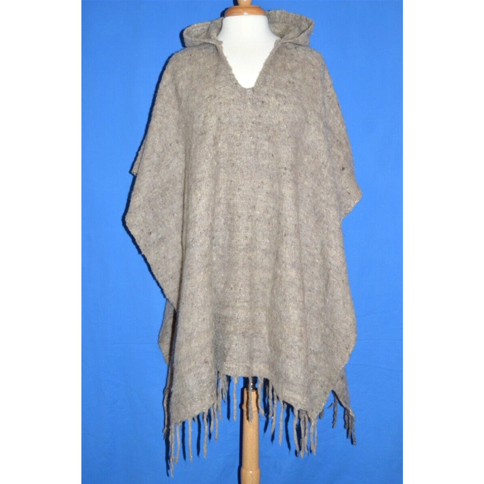 image of Vintage 70's Women's Gray Wool Poncho Hooded Blanket Coat 40 In Long in White