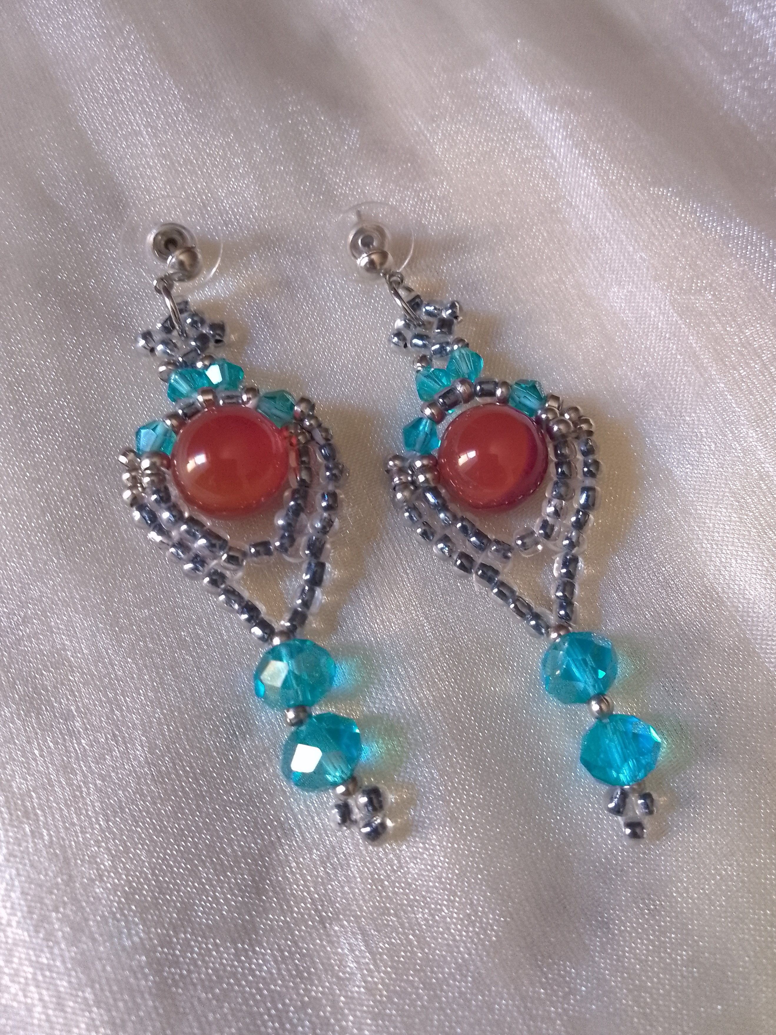 Handmade Dangle earrings with red carnelian gemstones blue crystal Size ONE SIZE - 5 Thumbnail