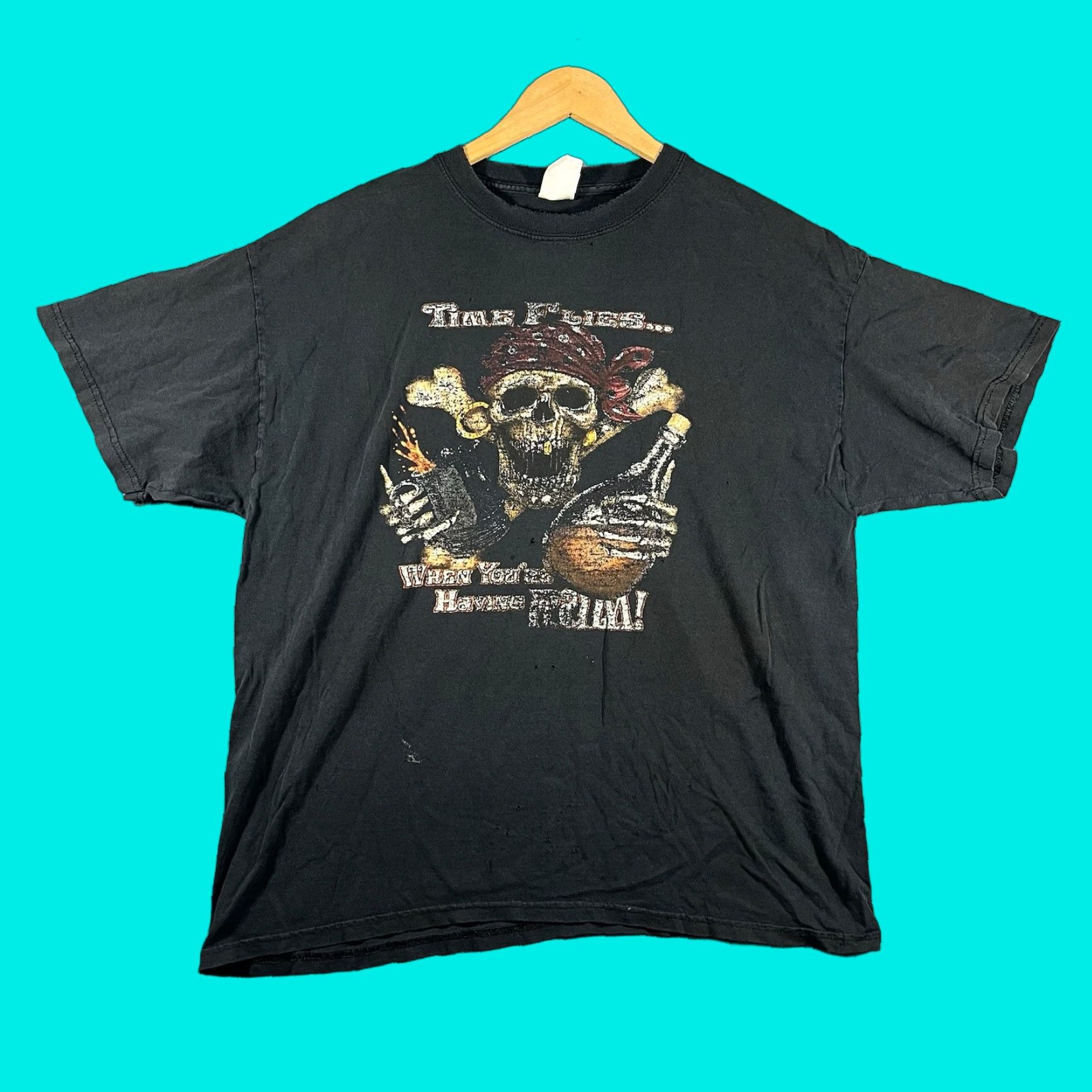 Gildan VINTAGE Gildan Pirate T-Shirt Skull Skeleton Black XL Horror Halloween Mens Size US XL / EU 56 / 4 - 1 Thumbnail