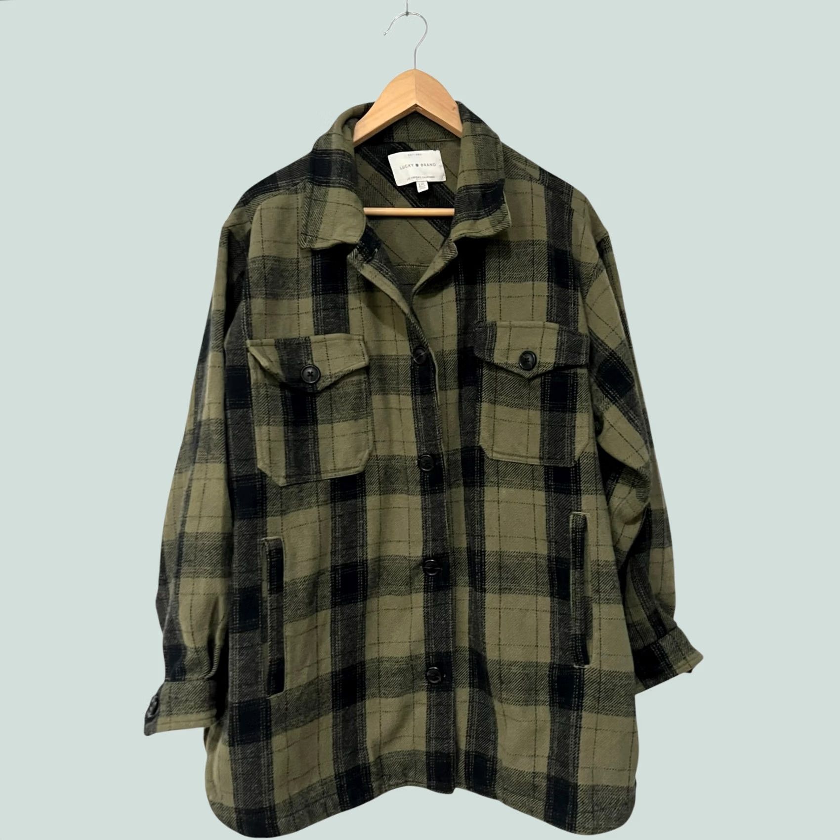 Lucky Brand Lucky Brand Jacket Womens Large Green Black Plaid Cotton Button Front Shacket Size L / US 10 / IT 46 - 1 Thumbnail
