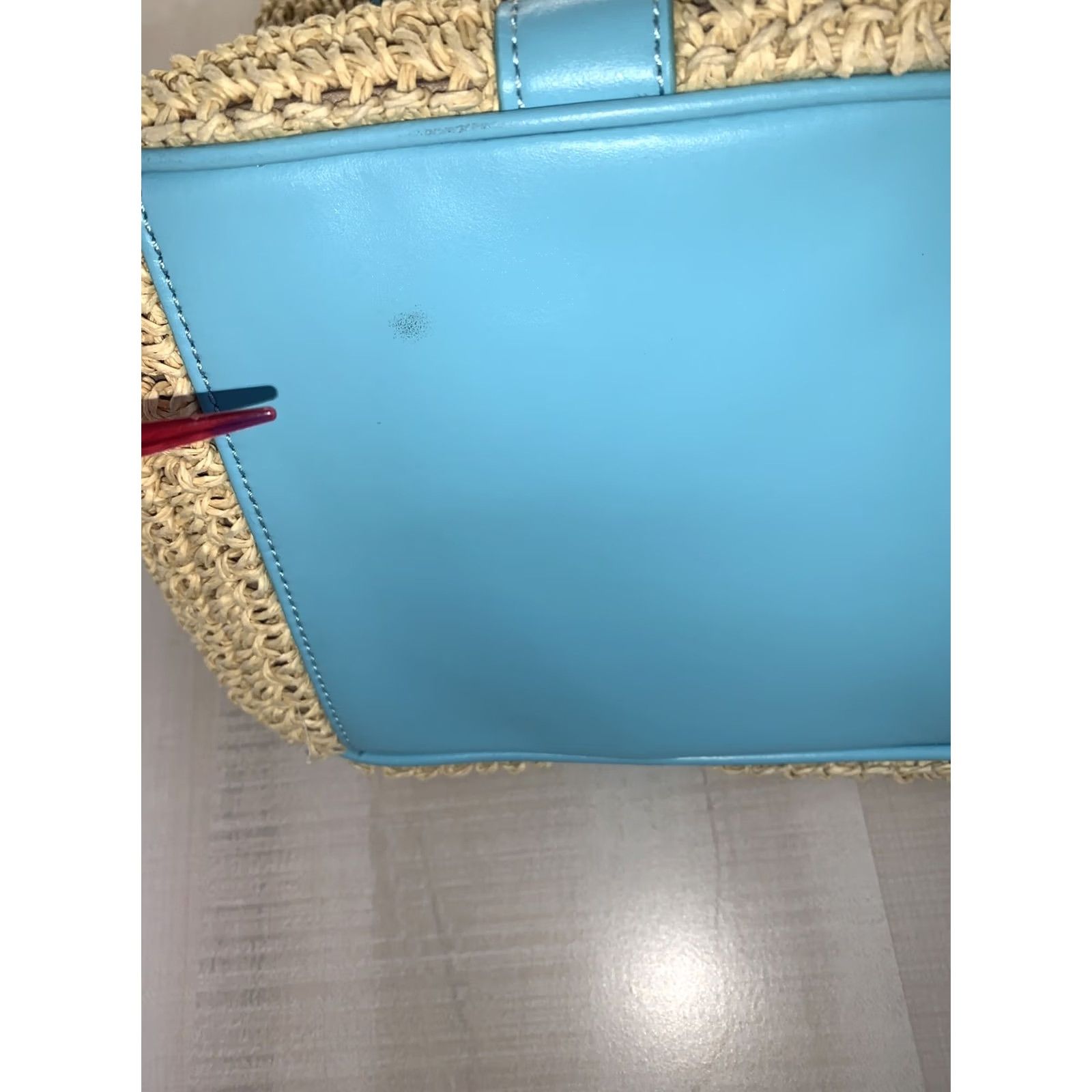 Talbots VINTAGE Talbots Paper Straw Woven Bag Shoulder Bag Womens Teal Blue Leather Trim Gold Accents Size ONE SIZE - 4 Thumbnail