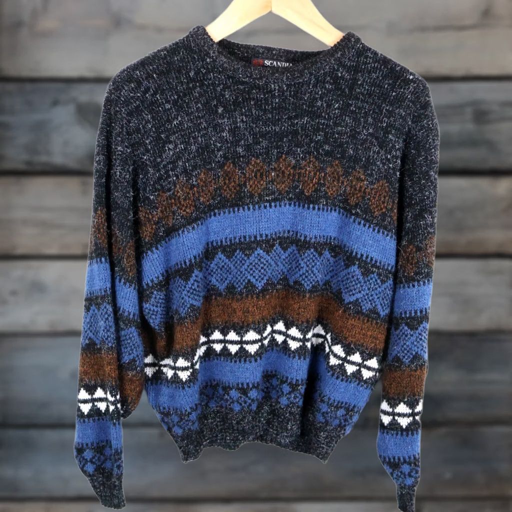 Vintage VINTAGE Scandia Sweater Men's Large Gray Blue Fair Isle Fuzzy Acrylic Knit VTG Size US L / EU 52-54 / 3 - 1 Thumbnail