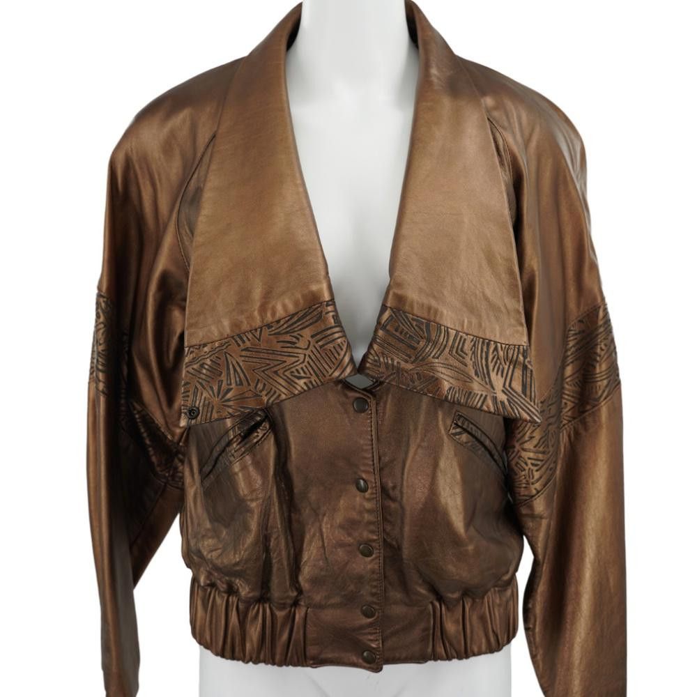 Designer Vintage Erez Metallic Brass Leather Jacket Size S Size S / US 4 / IT 40 - 1 Thumbnail