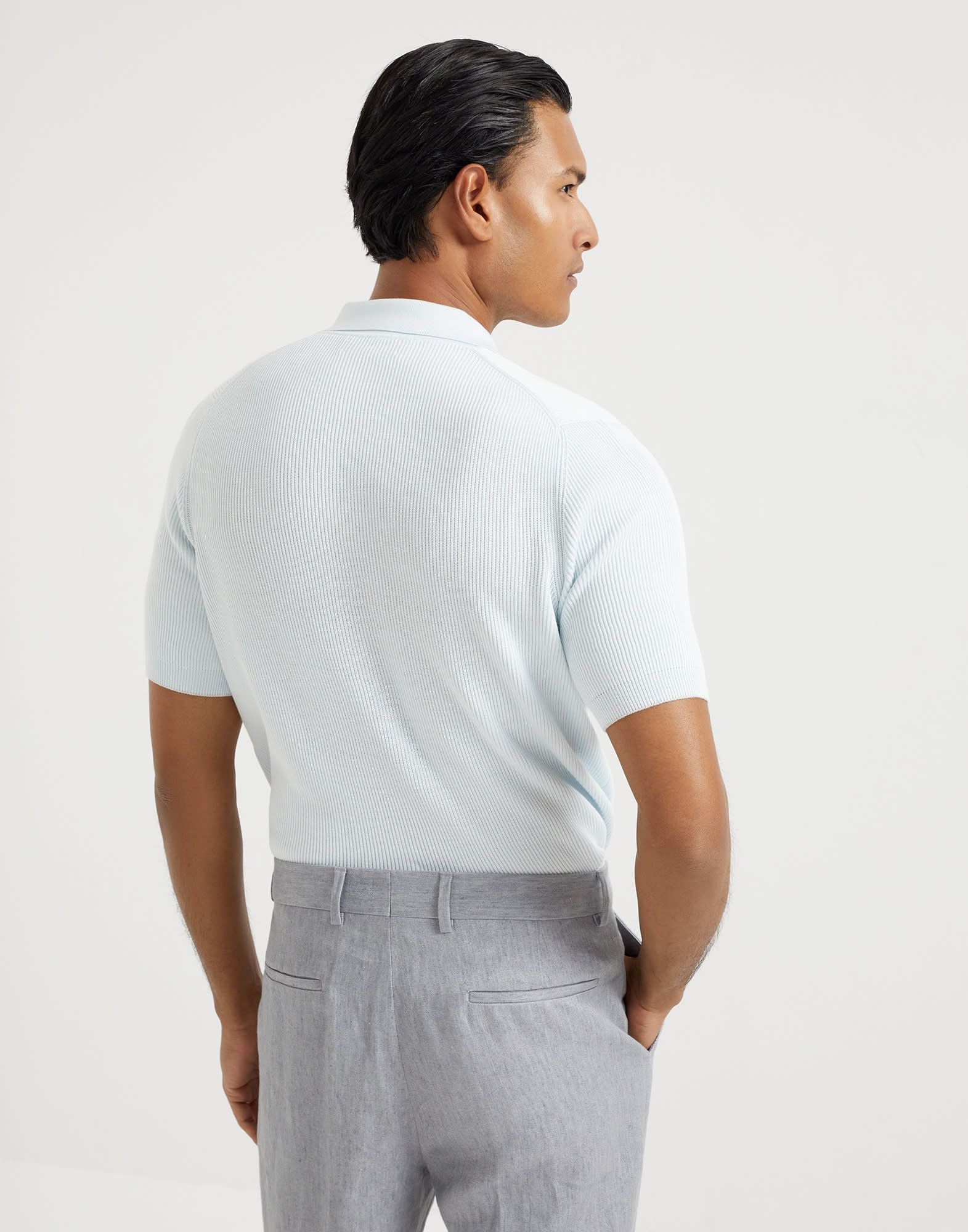 Brunello Cucinelli o1la1rc1a0426 Cotton English Rib Knit Polo Shirt in Sky Blue Size US L / EU 52-54 / 3 - 2 Thumbnail