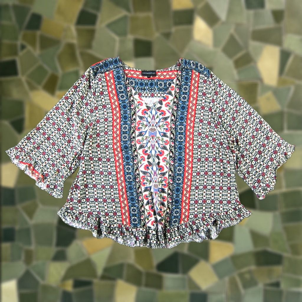 Cynthia Rowley Cynthia Rowley Blouse Tunic 2X Red Floral V-Neck 3/4 Sleeve Peasant Rayon Blue Floral Pattern Women Size XXL / US 16-18 / IT 52-54 - 1 Thumbnail