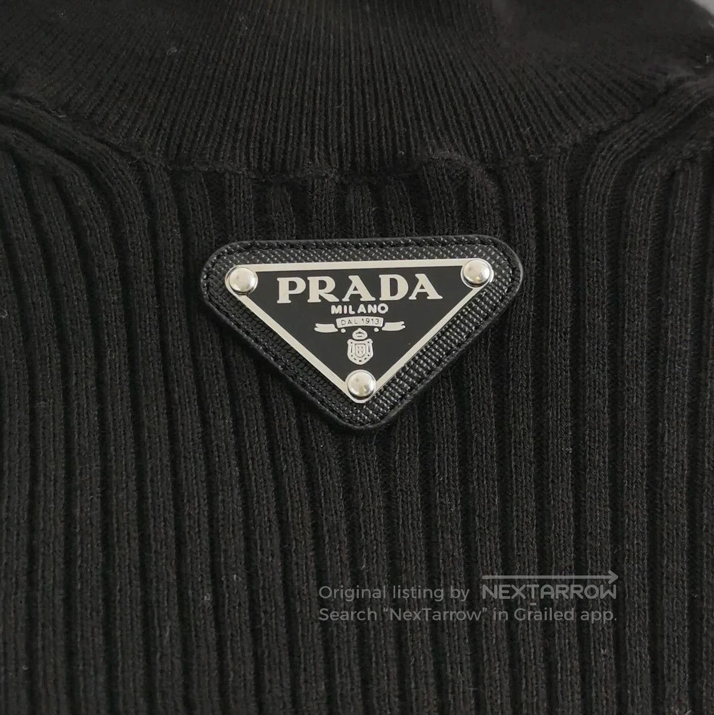 Prada Ribbed Black Knit Sweater with Logo .
