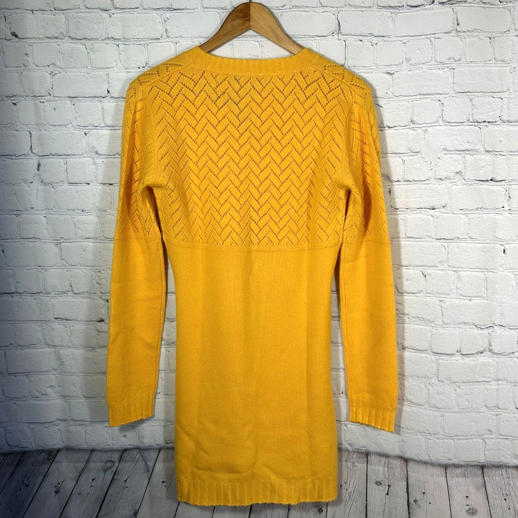 Vintage Gobi Cashmere Tunic Sweater Womens S Yellow V-Neck Chevron Pointelle Open-Knit Long Sleeve 100% Cashmere New Size S / US 4 / IT 40 - 6 Thumbnail
