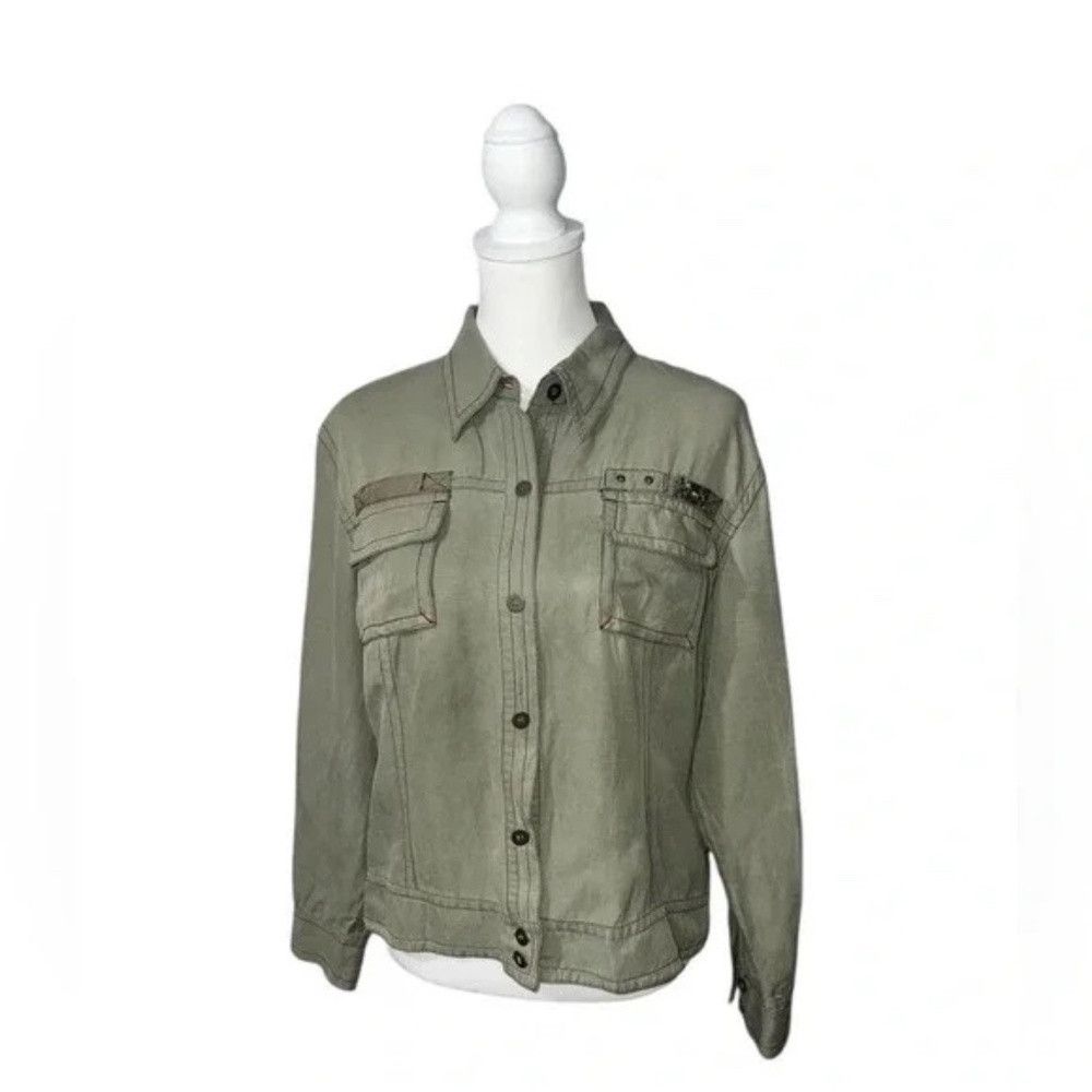 Chicos CHICOS Size Large Olive Green Short Bomber Jacket Linen Sil Size L / US 10 / IT 46 - 1 Thumbnail