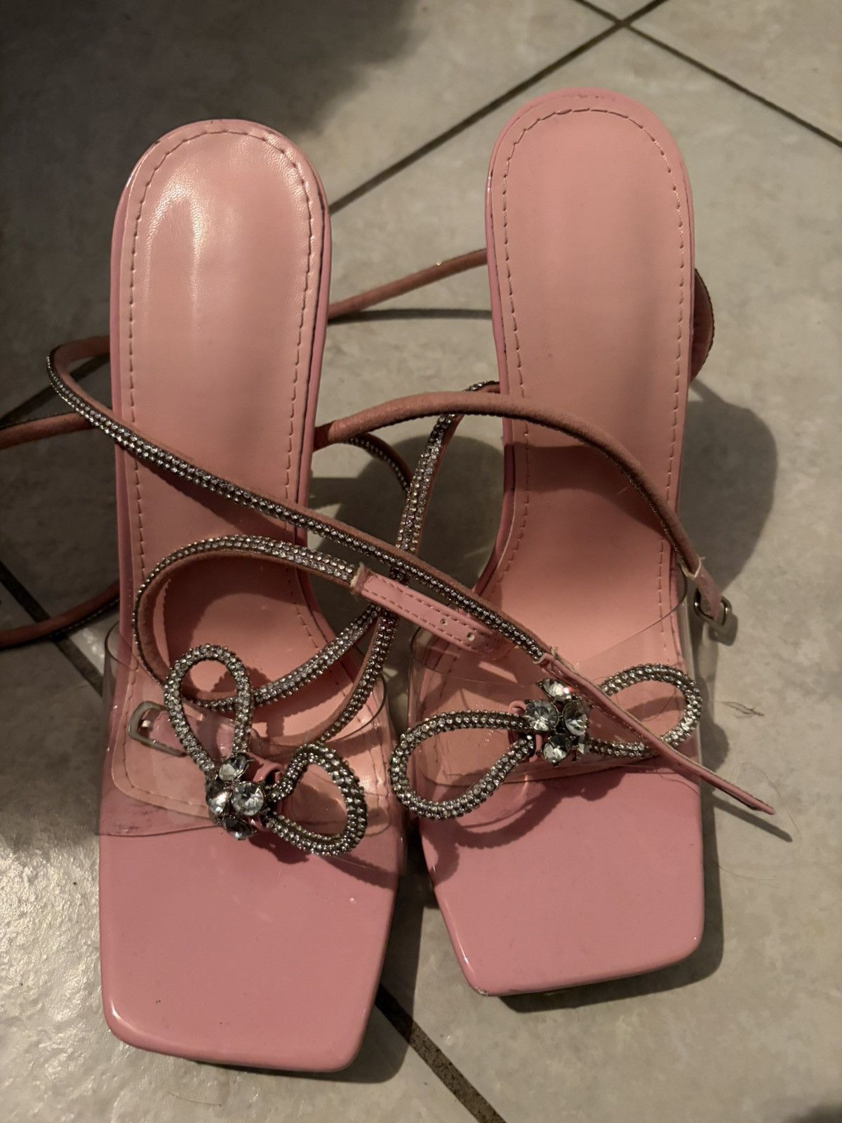 Shein Pink Rhinestone Bow Strappy Heels Size US 7.5 / IT 37.5 - 1 Thumbnail