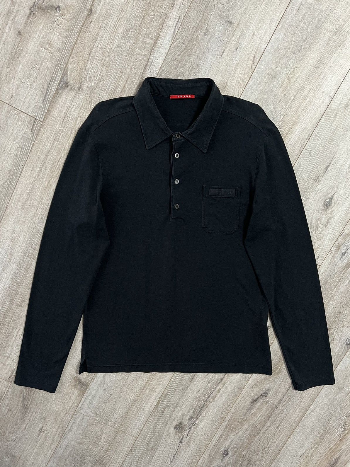 image of Prada Longsleeve Polo Shirt Slim Black Cotton, Men's (Size XL)