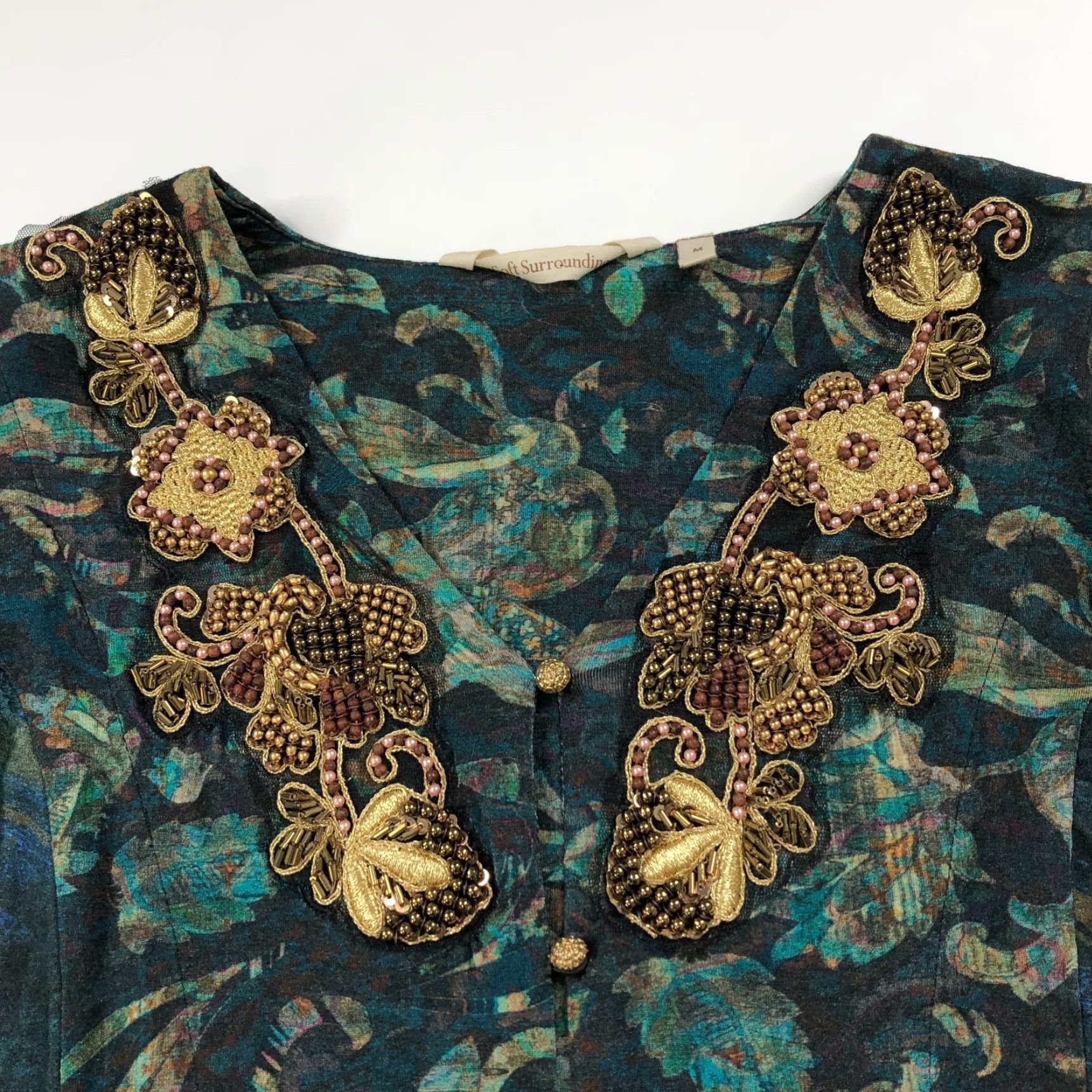 Soft Surroundings Soft Surroundings Blouse Shirt Tunic Womens M Green Beaded Button Top 2FN85 Del Bosque Starry Night Mint Fantasy Vintage: No Size M / US 6-8 / IT 42-44 - 3 Thumbnail