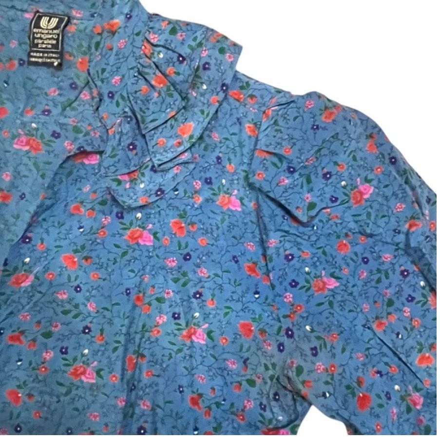 Emanuel Ungaro Emanuel Ungaro Blue Floral Ruffled V-Neck Dress Size M Size M / US 6-8 / IT 42-44 - 12 Thumbnail