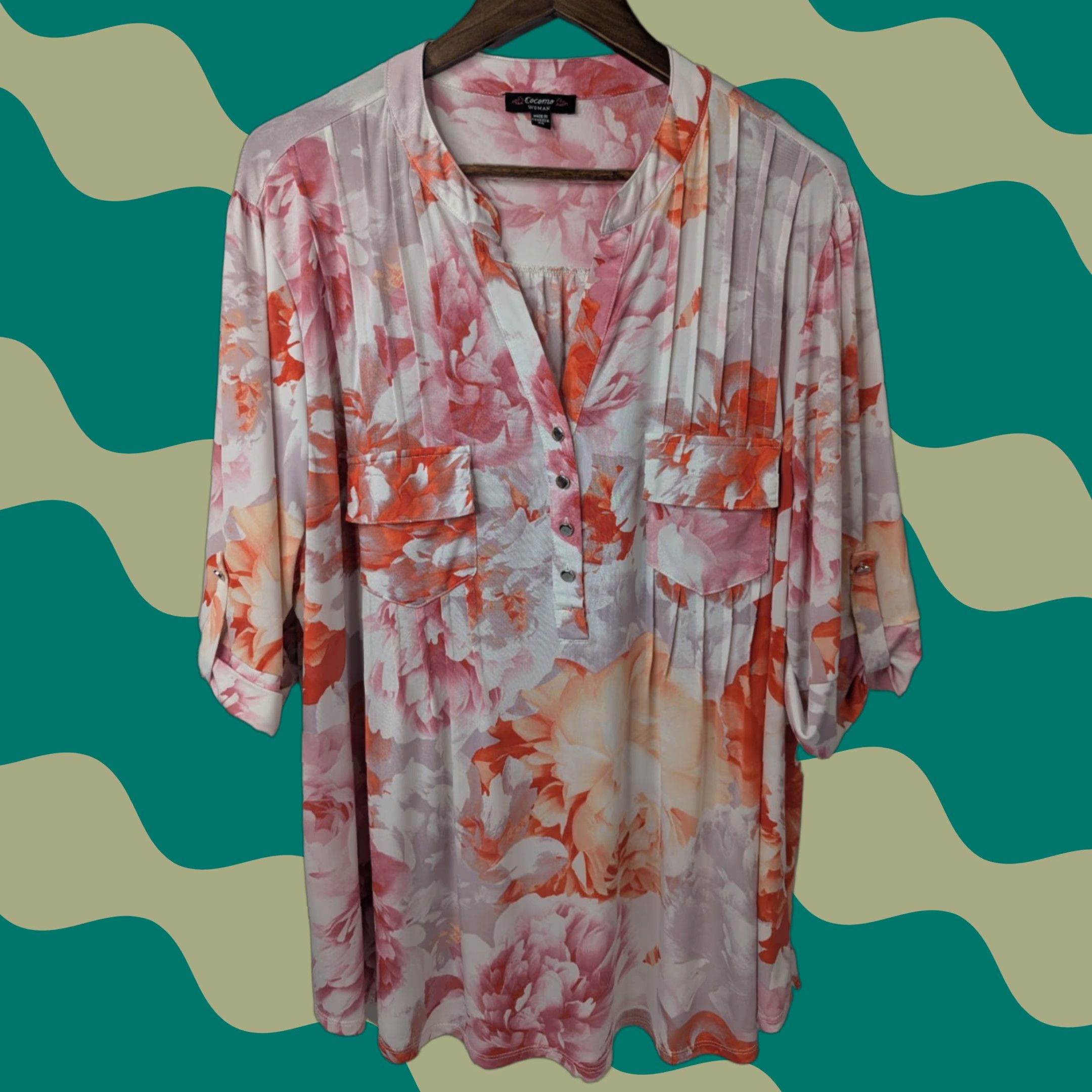 Vintage Cocomo Blouse Shirt 3X Plus Pink Floral V-Neck Roll Tab Sleeve Button Top Damen Womens Size XXL / US 16-18 / IT 52-54 - 1 Thumbnail