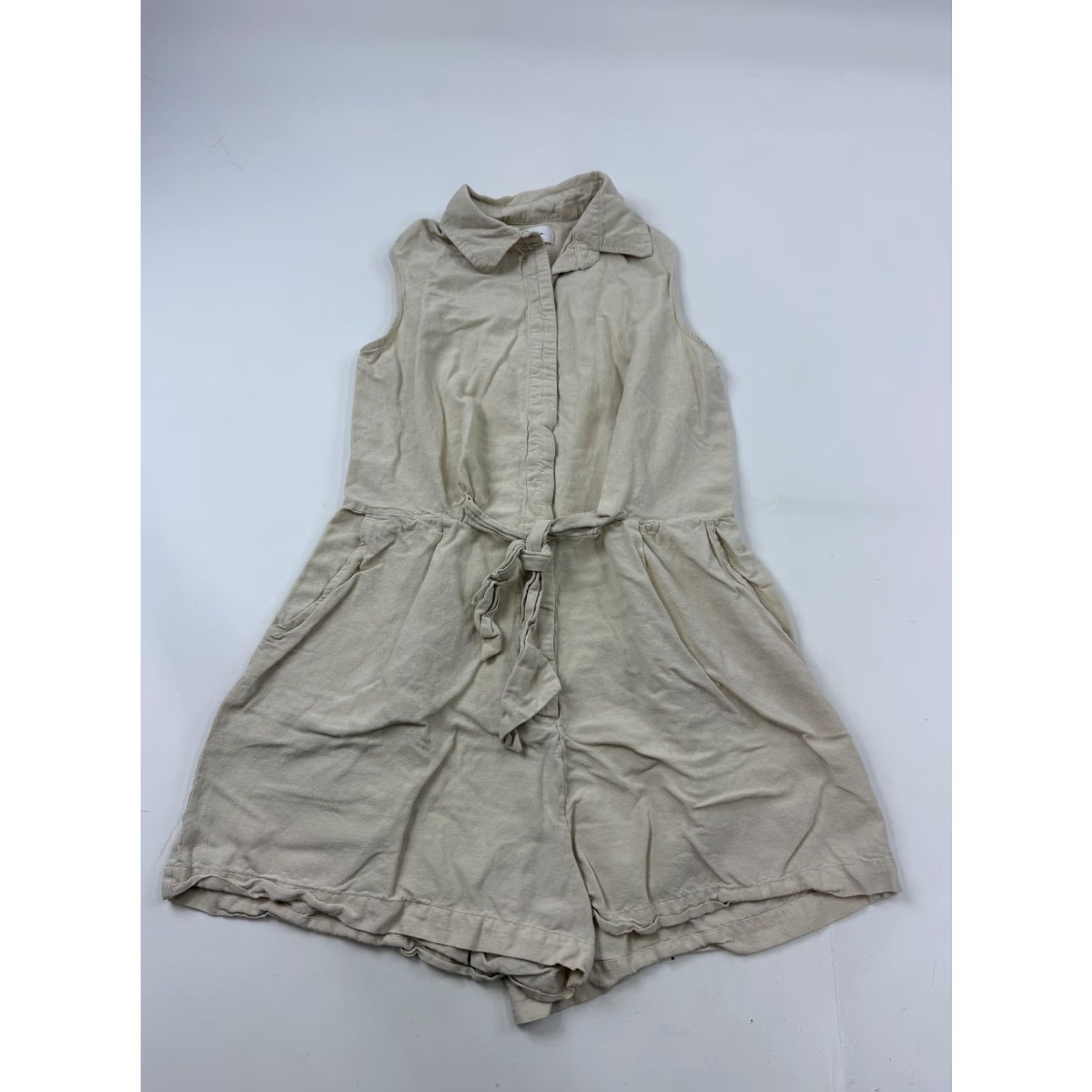 Anthropologie Japna Romper Womens Medium Beige Linen Blend Sleeveless One-Piece Casual Summer Belted Collared Button Front Size 32" / US 10 / IT 46 - 2 Thumbnail