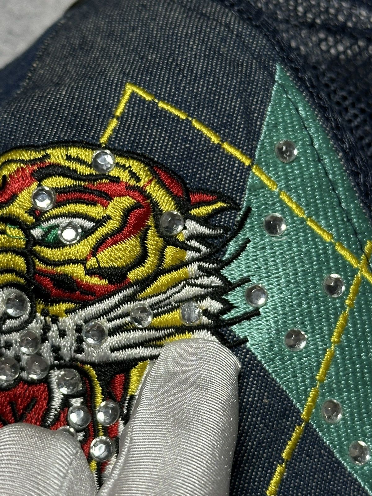 Ed Hardy Vintage Ed Hardy Tiger Logo Denim Rhinestones Trucker Cap Size ONE SIZE - 14 Thumbnail