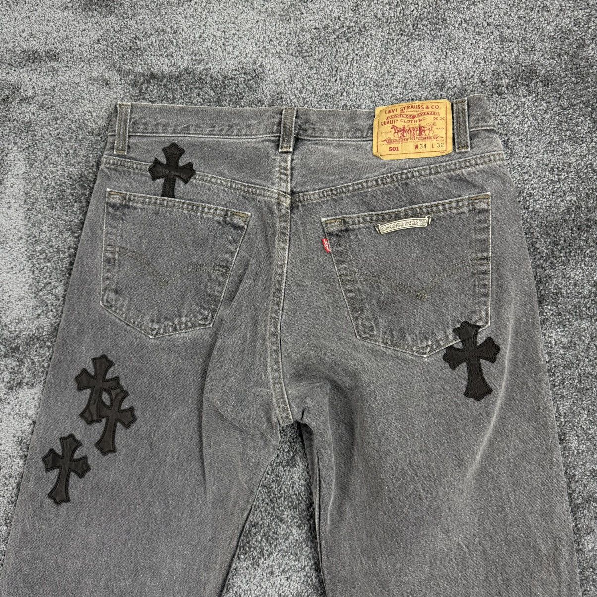 Chrome Hearts Chrome Hearts Grey Levi‘s 501 Black Patch Denim Size US 31 - 4 Thumbnail