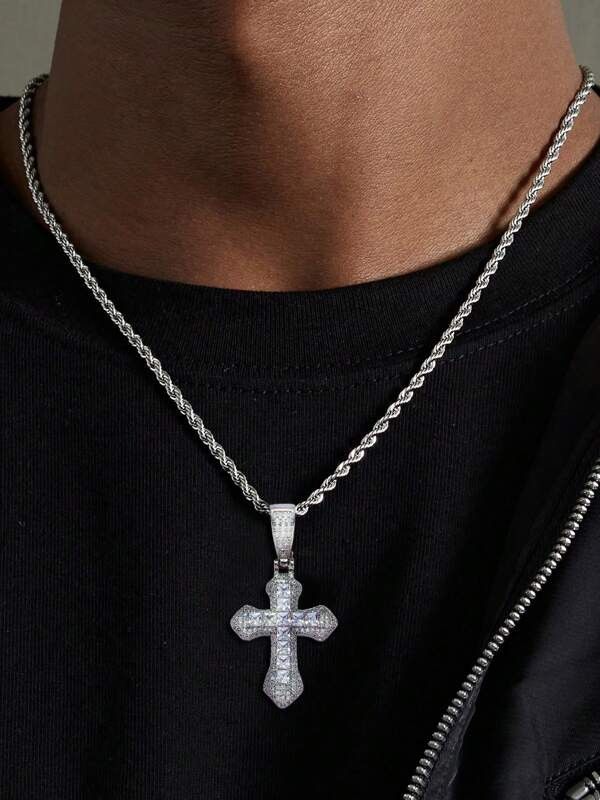 Jewelry x Vintage Cross Rhinestone Ice Y2K Necklace Chain in Silver, Men's