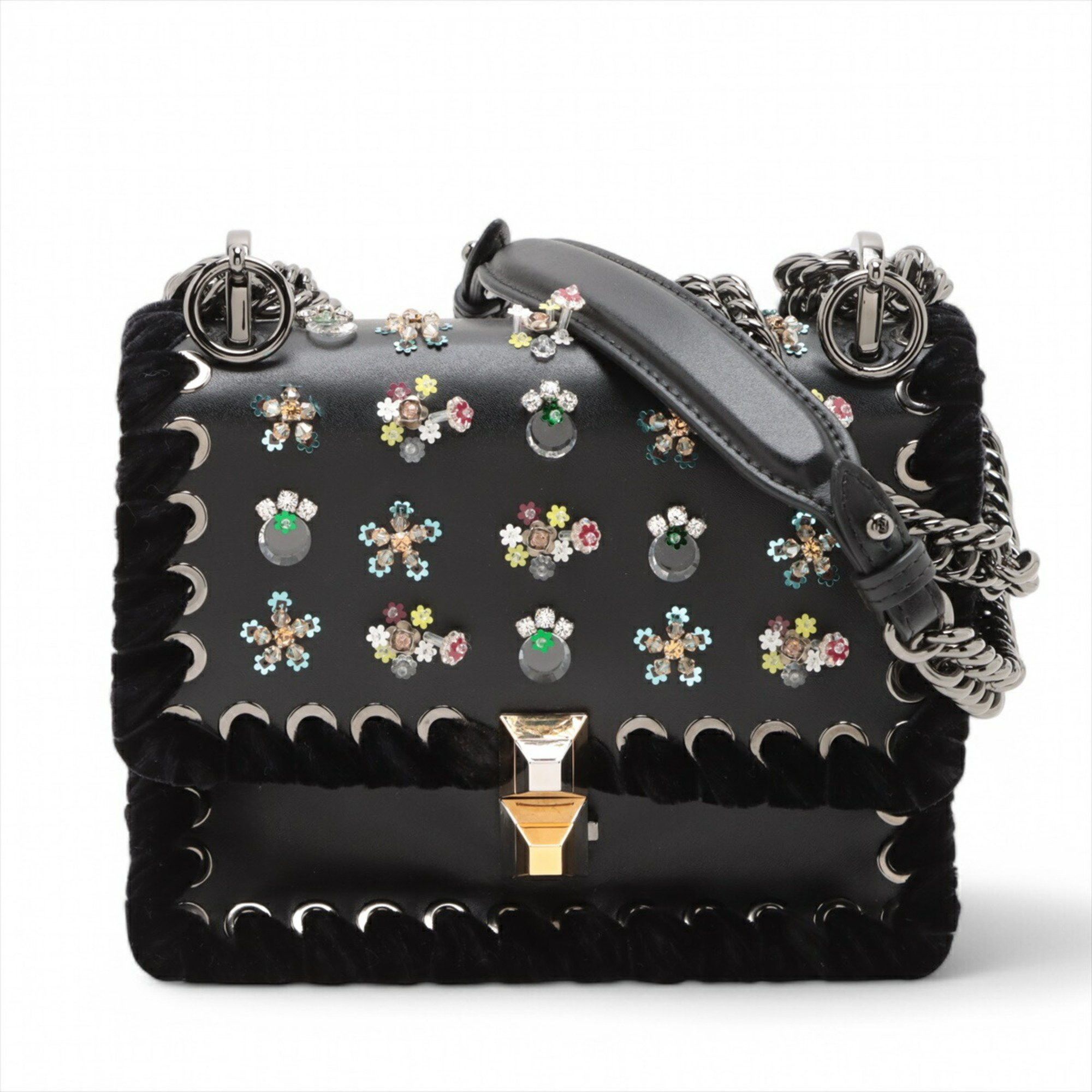 Fendi Mini Canai Flower Beads Bijou Chain Leather Shoulder Bag For Women in Black